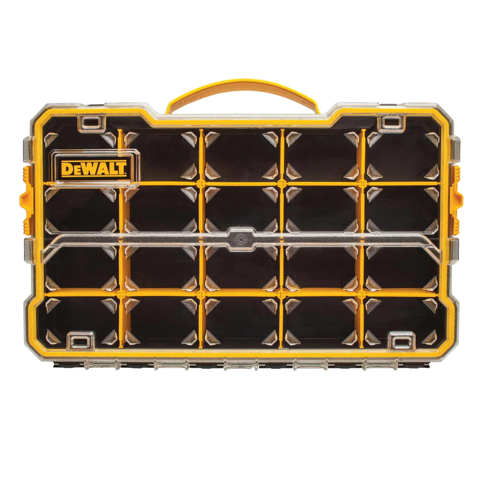 A DEWALT branded plastic organizer case with multiple compartments, featuring a transparent lid and a yellow handle on top.