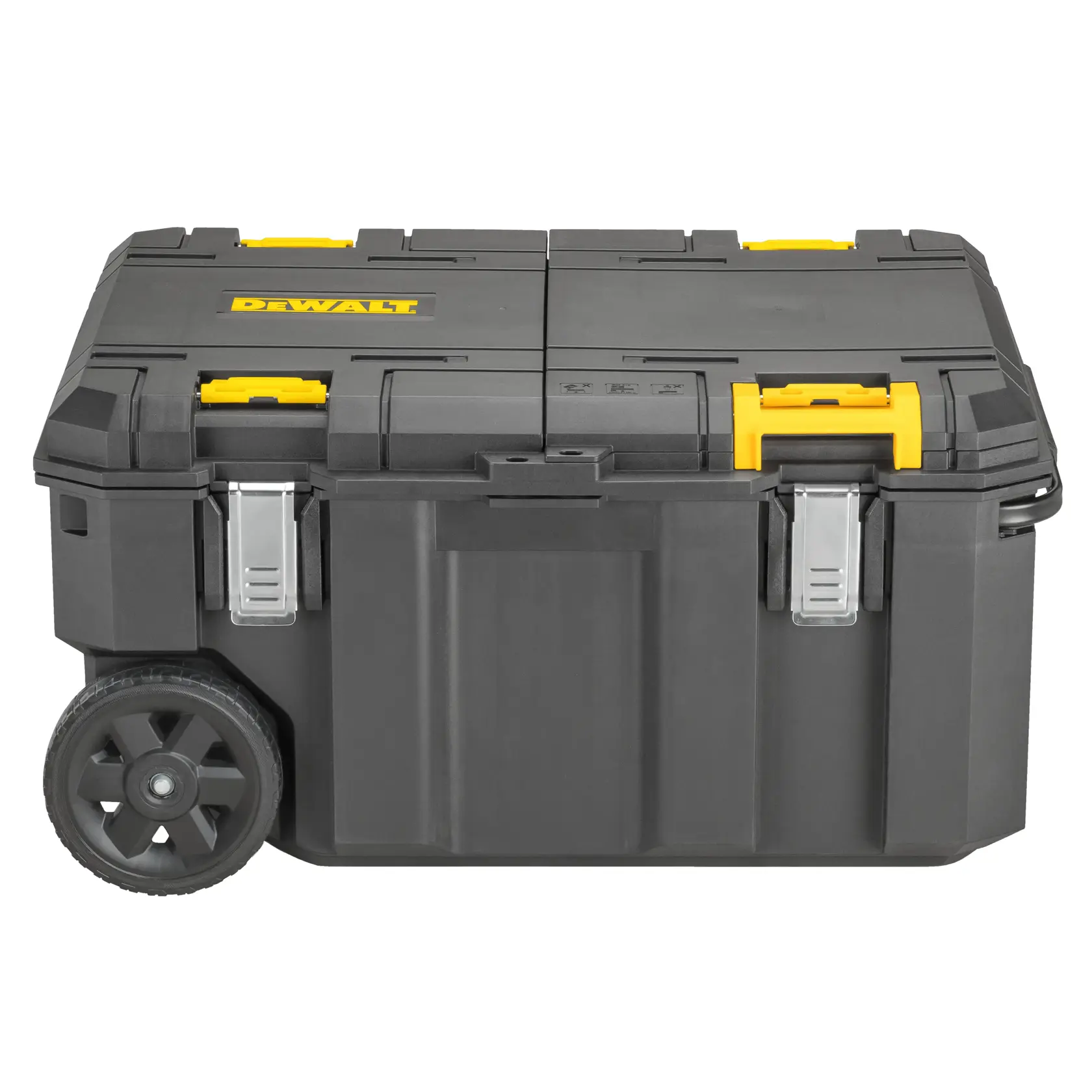 Large black DEWALT wheeled tool box with yellow clips and metal latches, designed for durable storage and transport.