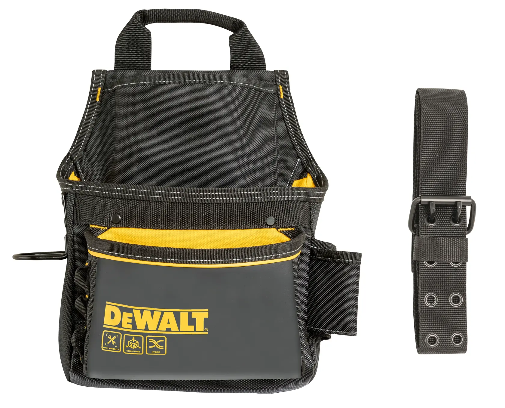 DEWALT black tool pouch with yellow accents and matching adjustable belt for carrying tools.