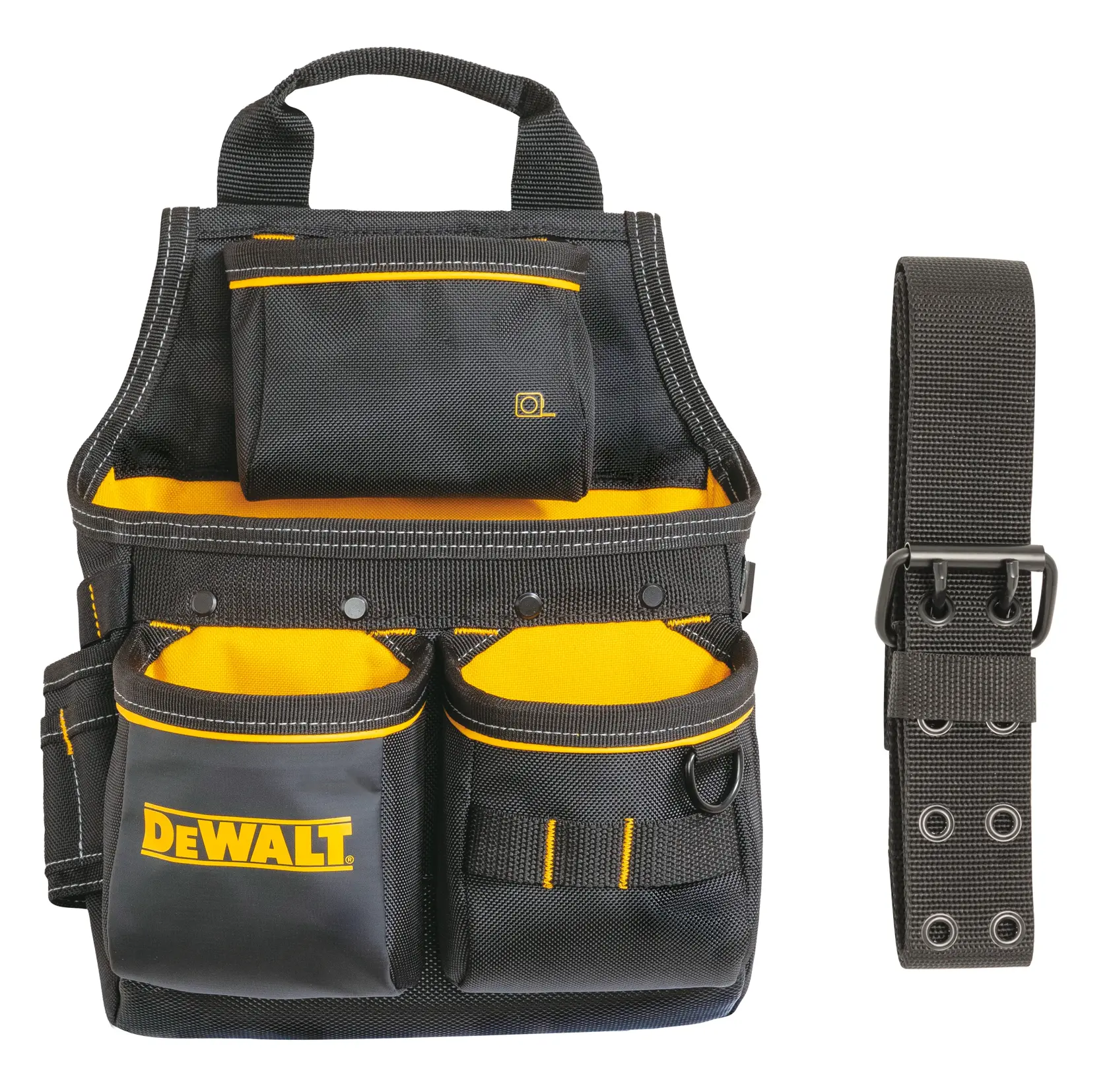 DEWALT black and yellow tool pouch with multiple pockets and a separate adjustable strap.