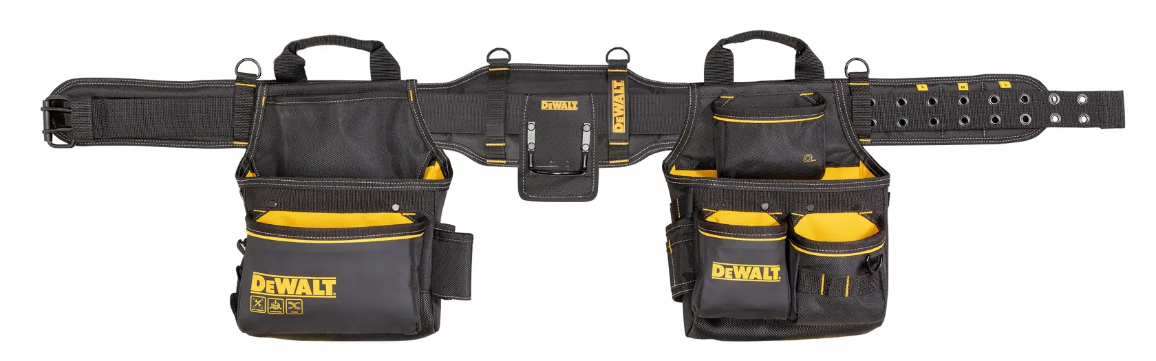 DEWALT black and yellow tool belt with multiple pouches and pockets for carrying tools and accessories.