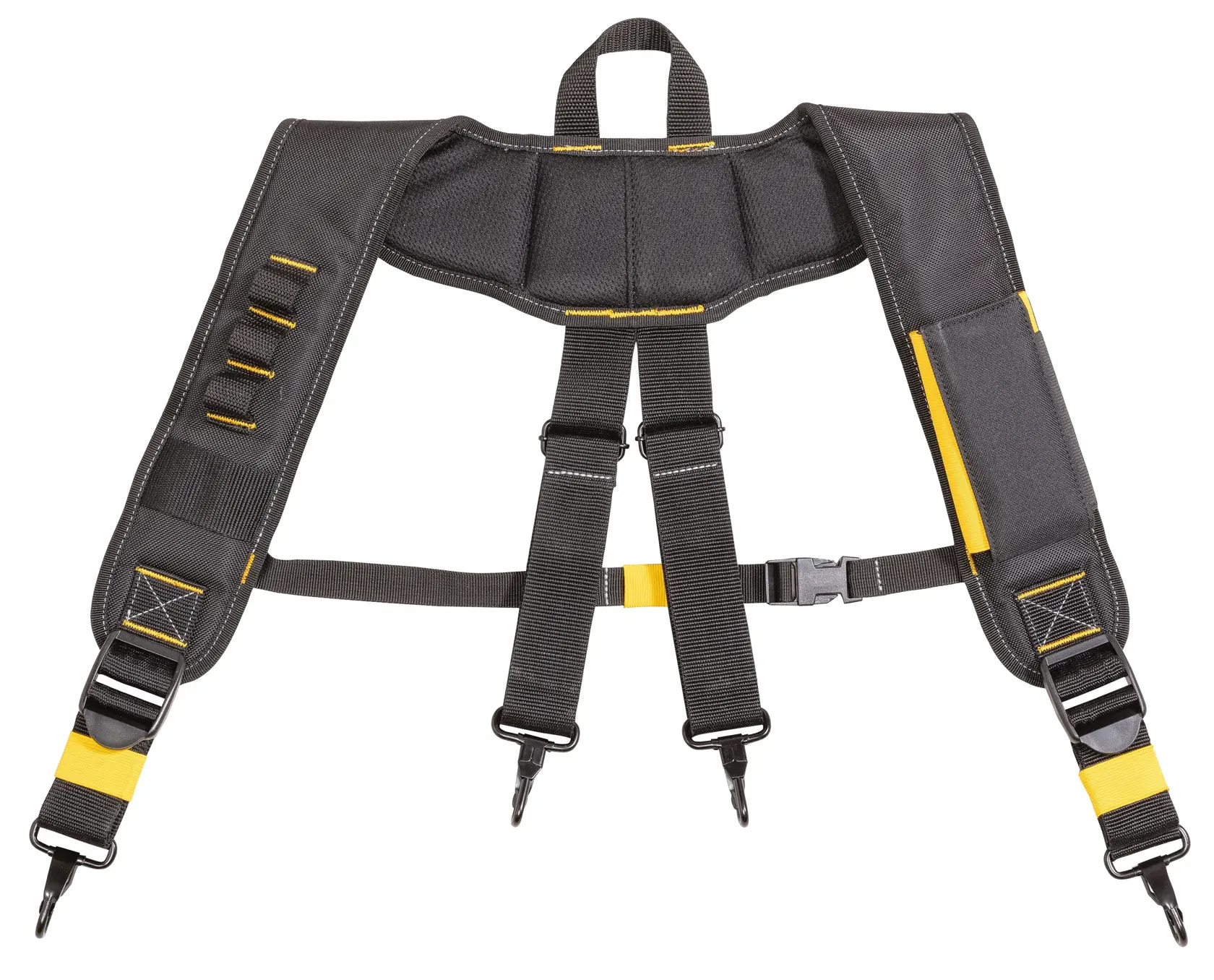 Black and yellow DEWALT padded harness with adjustable straps and clips for tool belts or equipment.