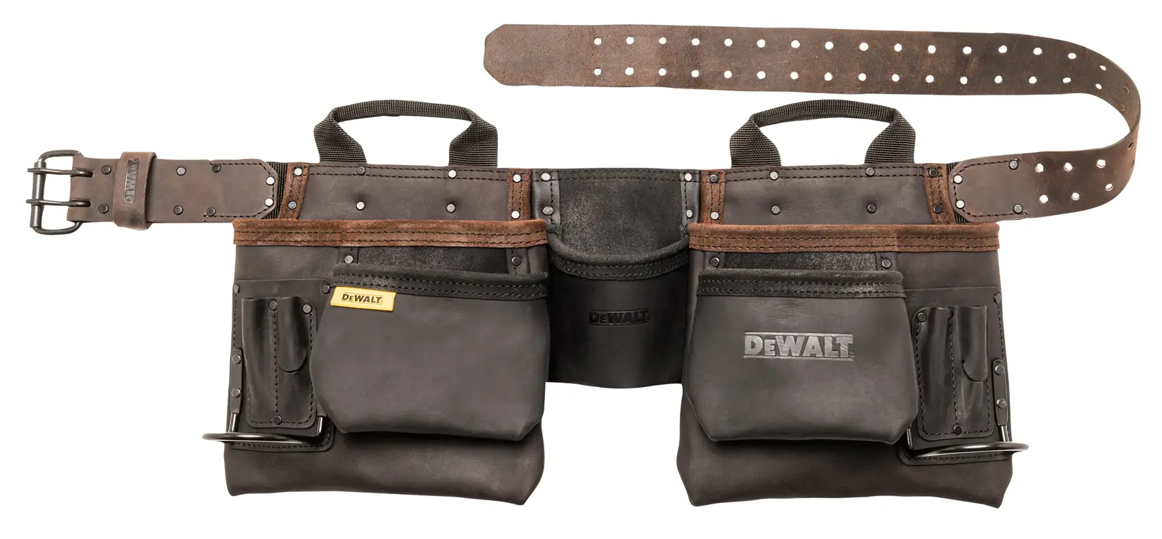 Black DEWALT leather tool belt with multiple pockets and sturdy adjustable strap.