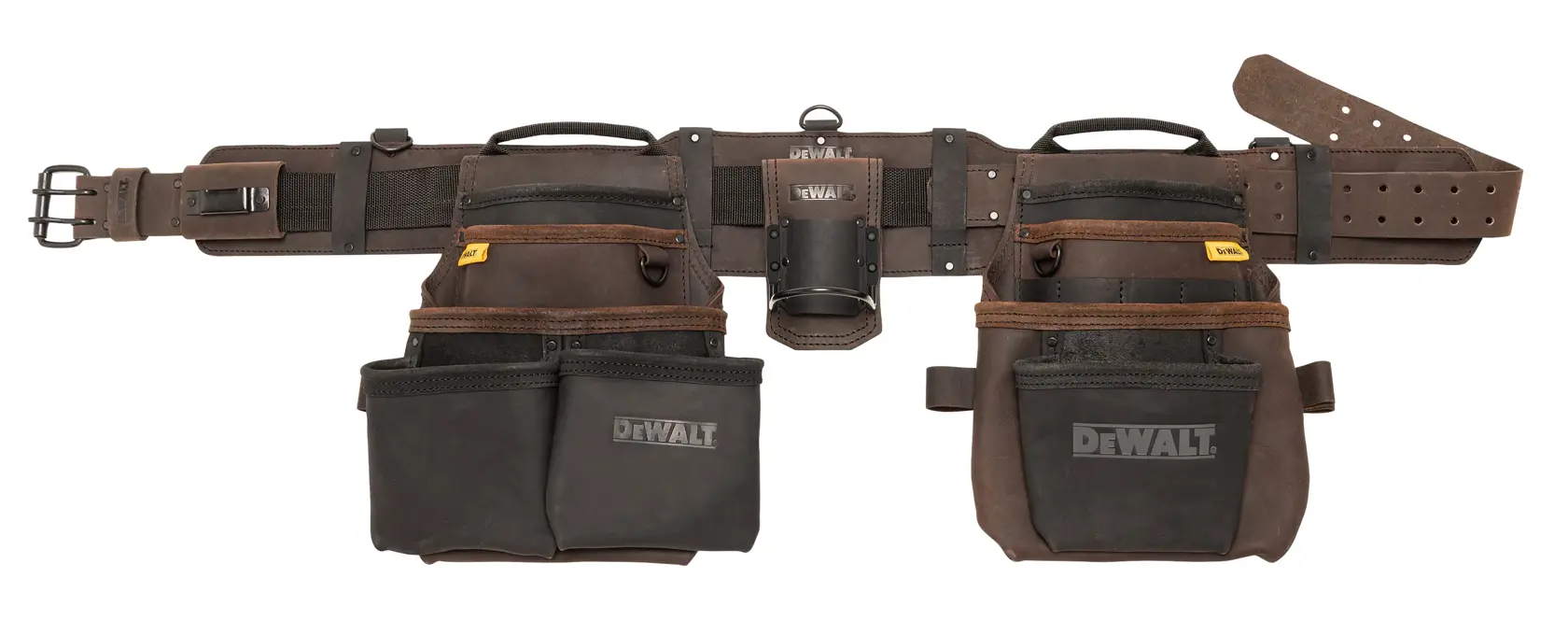 DEWALT leather tool belt with multiple pockets and pouches for carrying tools, shown against a white background.