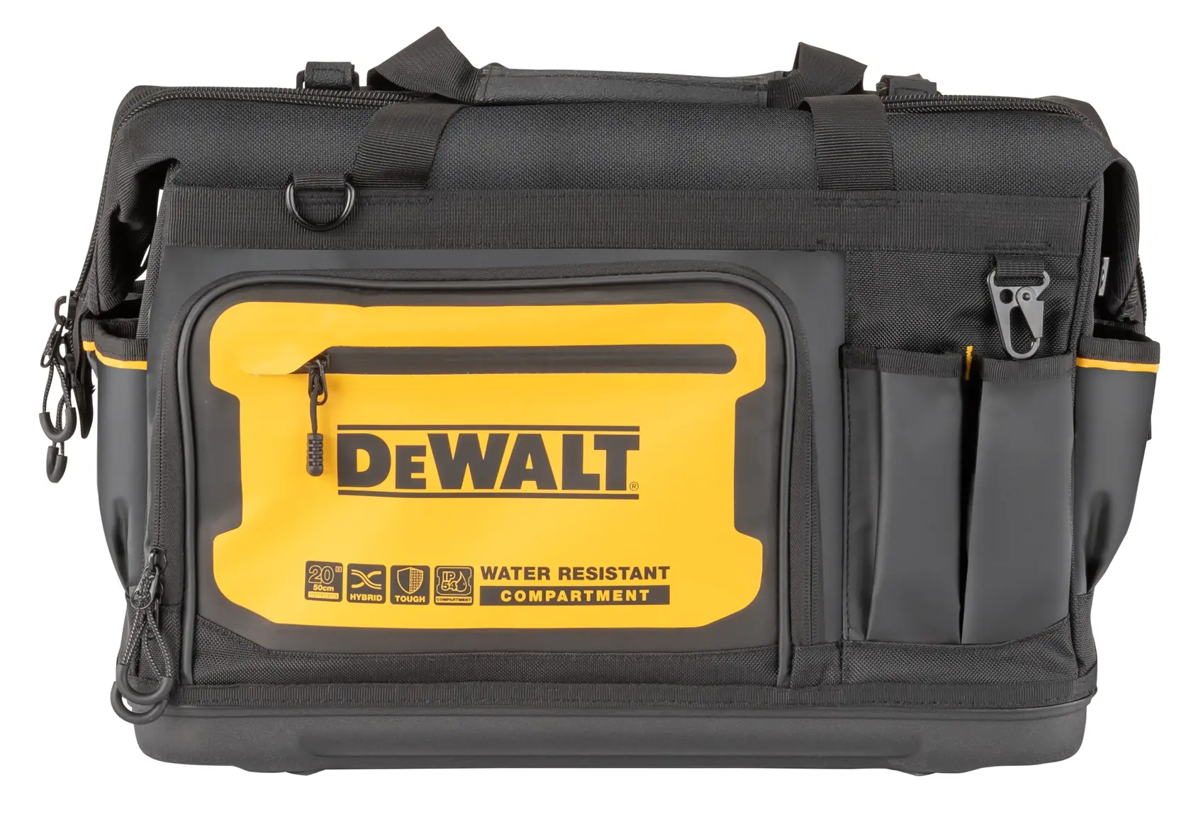 DEWALT black and yellow tool bag with water-resistant compartment and multiple pockets, front logo visible.