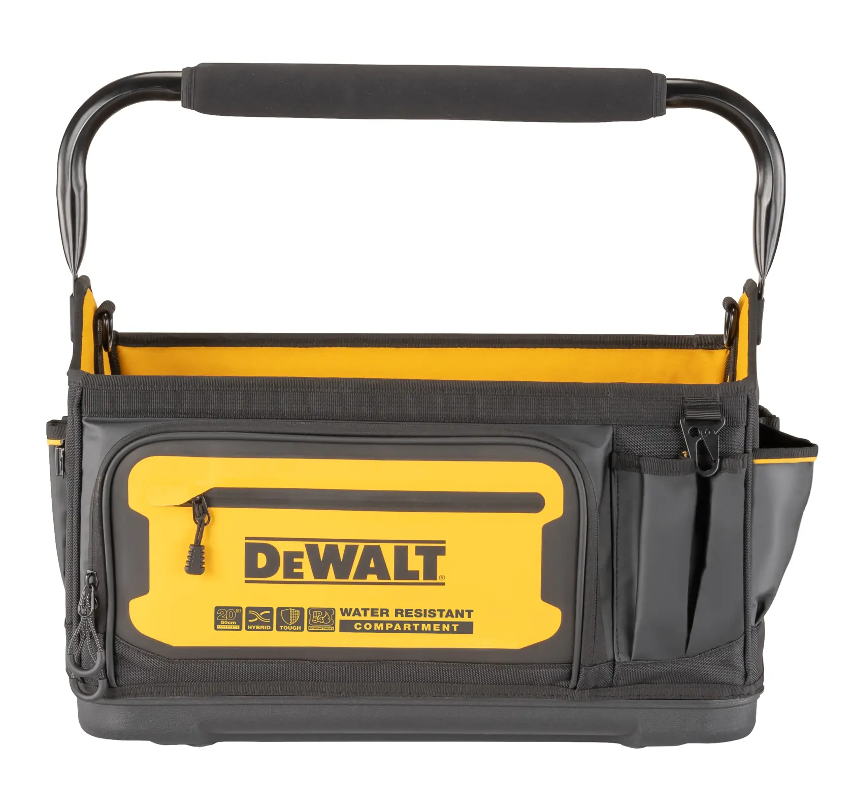 DEWALT open tool bag with yellow front zip pocket, side slots and padded metal handle.