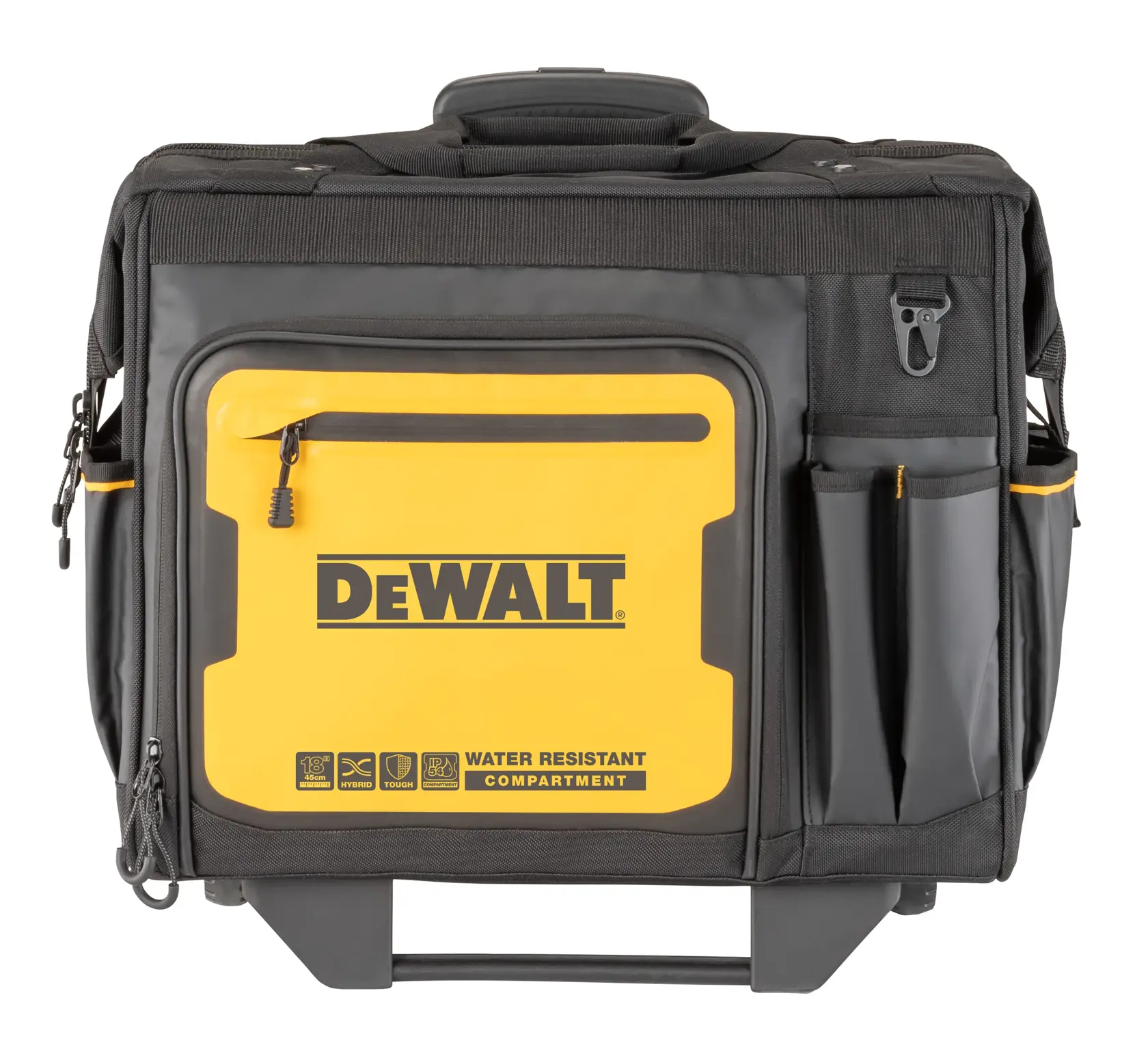 DEWALT black and yellow tool bag with water-resistant compartment and multiple pockets, front view.