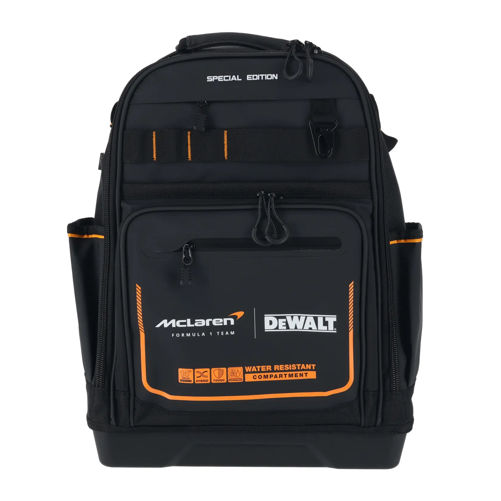 Black DEWALT McLaren backpack with orange details, multiple compartments and water resistant feature.