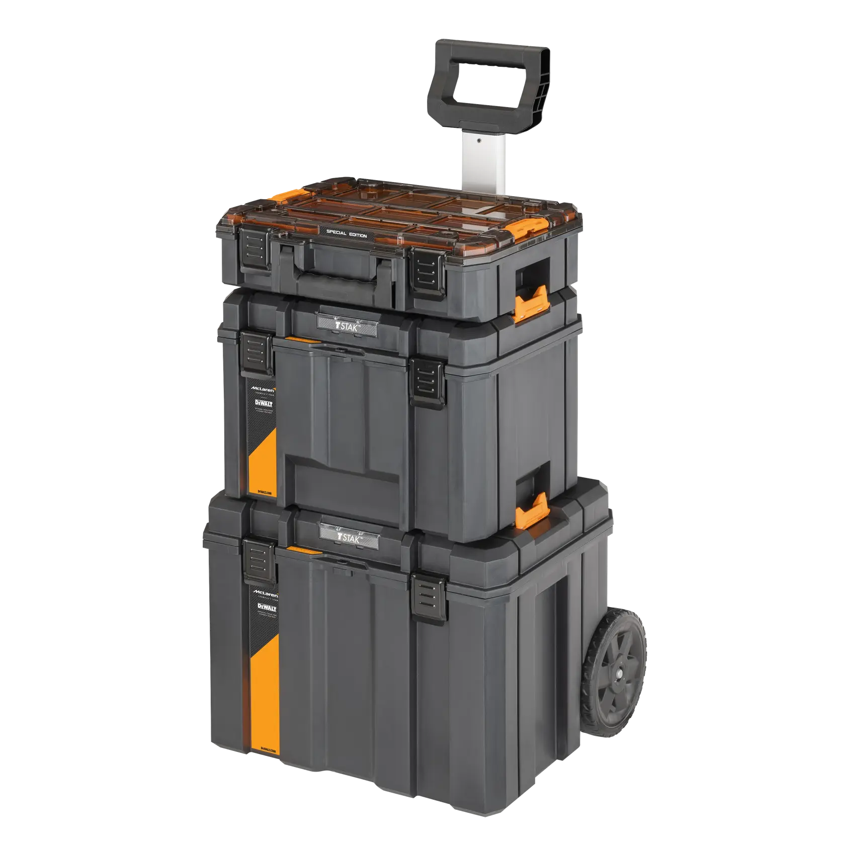 Stacked black and orange DEWALT toolboxes with wheels and a handle for easy transportation.