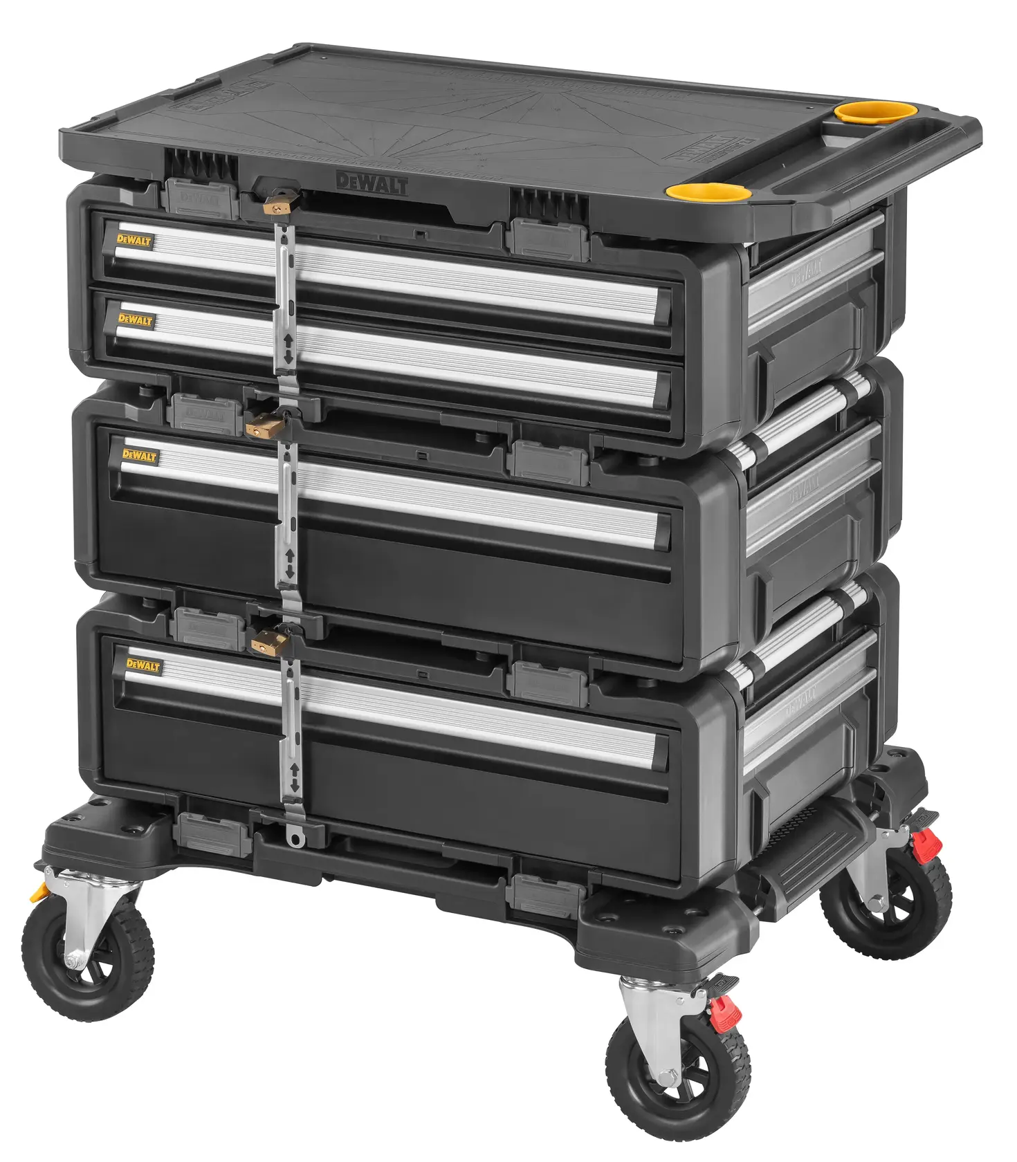 Photo of DEWALT DWST60510-1 black mobile tool chest on wheels with four drawers, side handles, and locking mechanism.