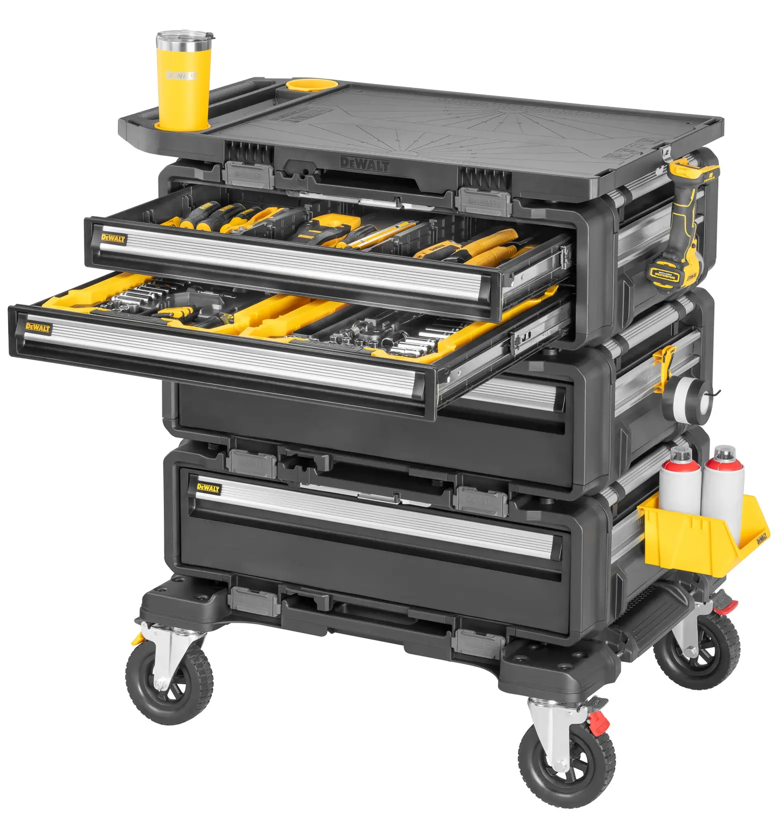 DEWALT DWST60510-1 tool cart with open drawers, organized yellow and black tools, cup, bottles, and wheels.