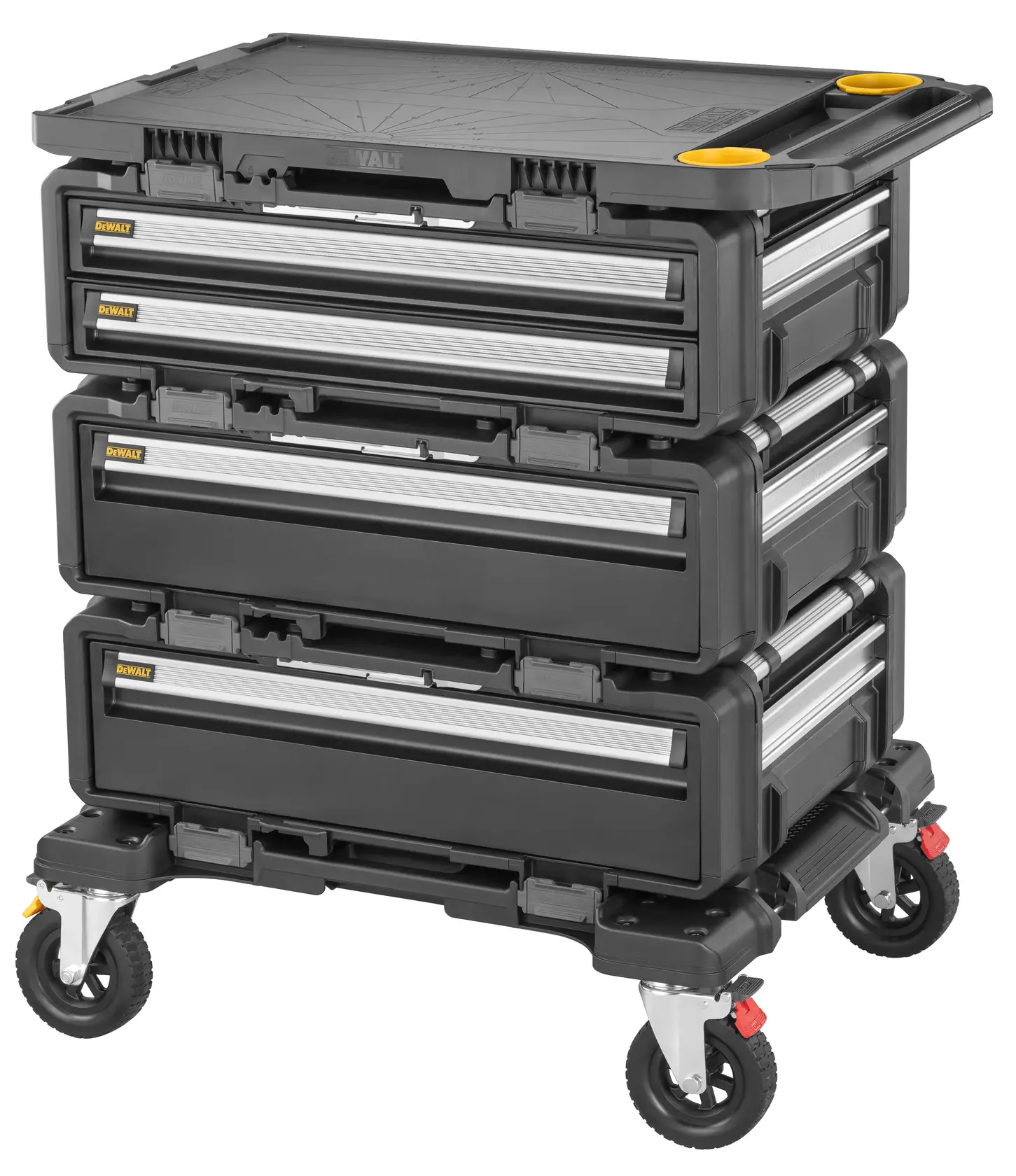 DEWALT mobile tool chest with three drawers and wheels for easy transport and storage.