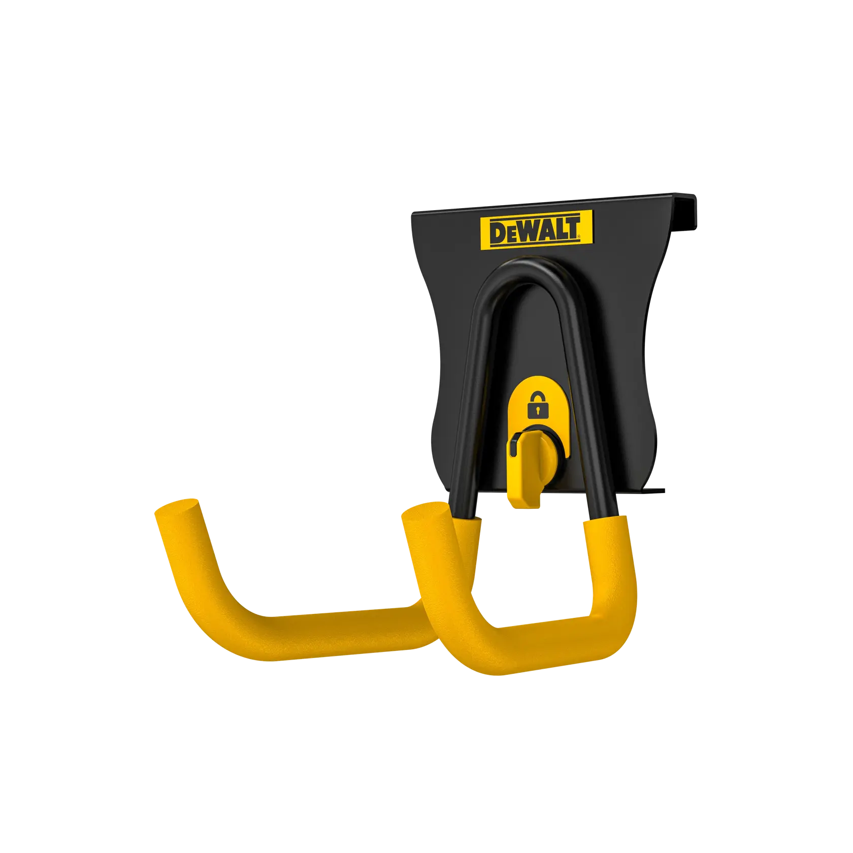 DEWALT wall mount double hook with yellow padding and locking mechanism, designed for organized storage.