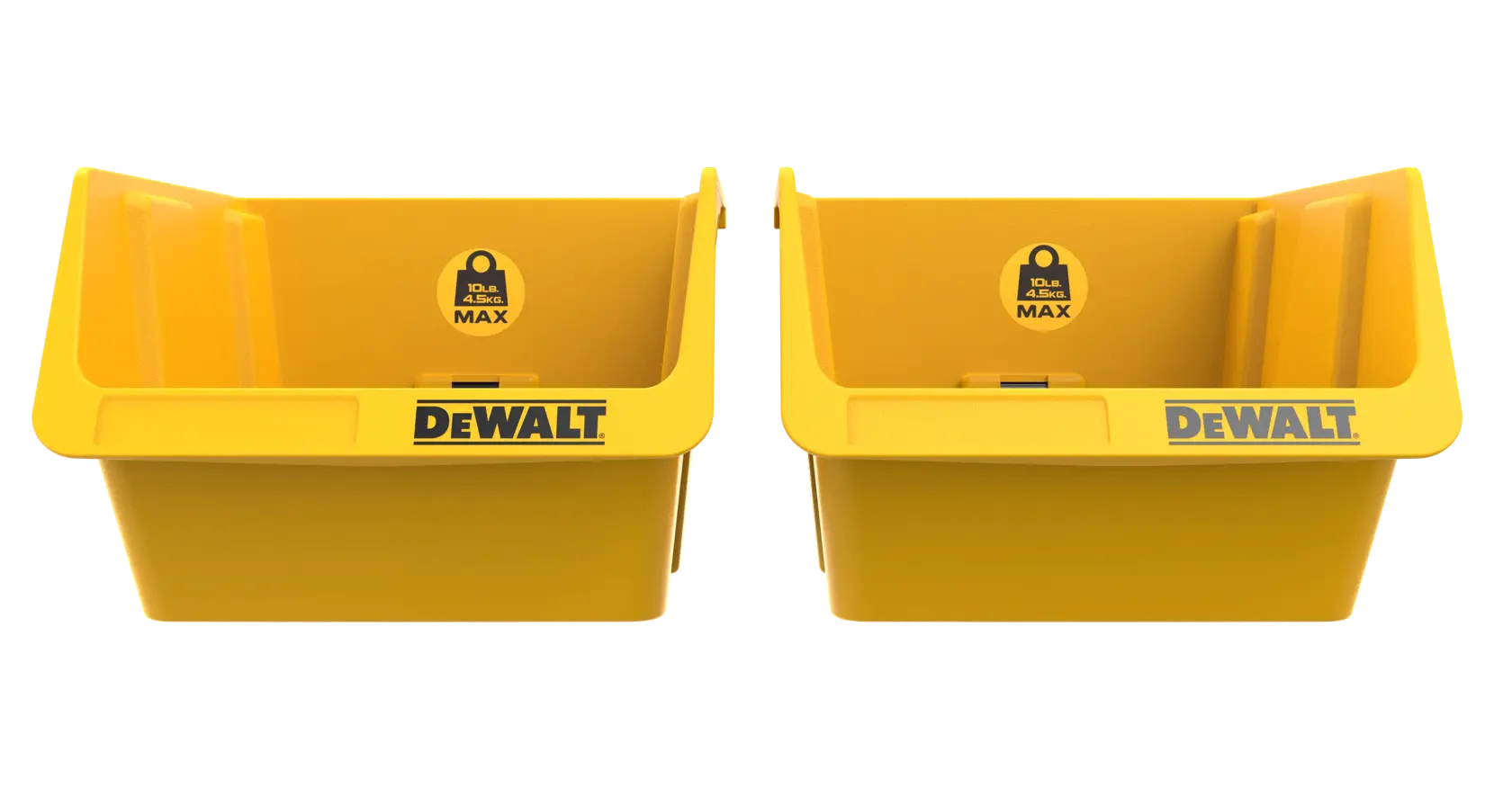 Two yellow DEWALT storage bins with front openings, designed for organizing tools or hardware.