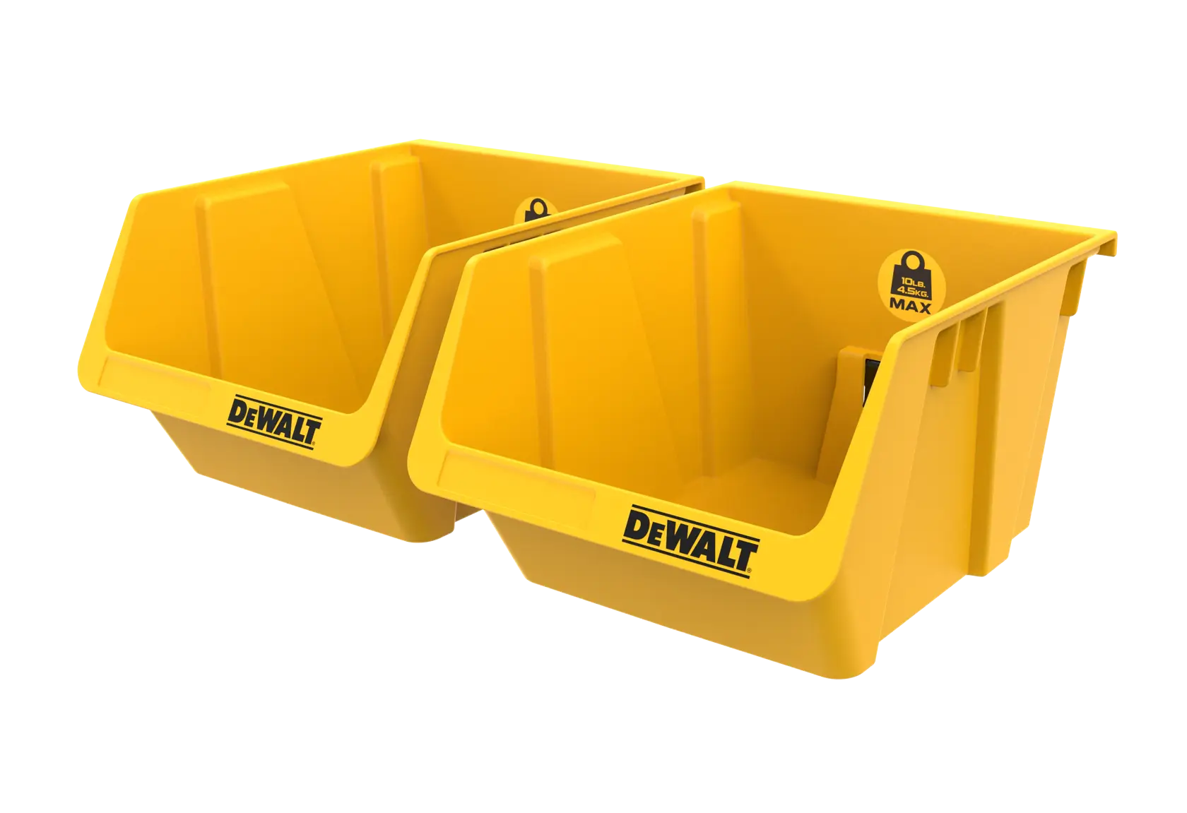 Two yellow DEWALT plastic storage bins with open front for easy access, ideal for organizing tools or parts.
