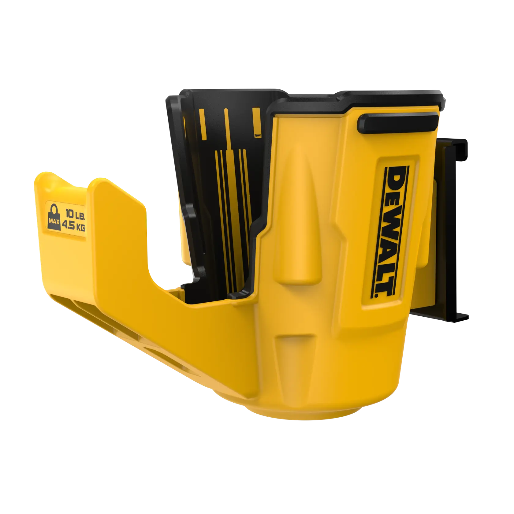 DEWALT yellow tool holder with black accents, wall mount, 10 lb maximum capacity.