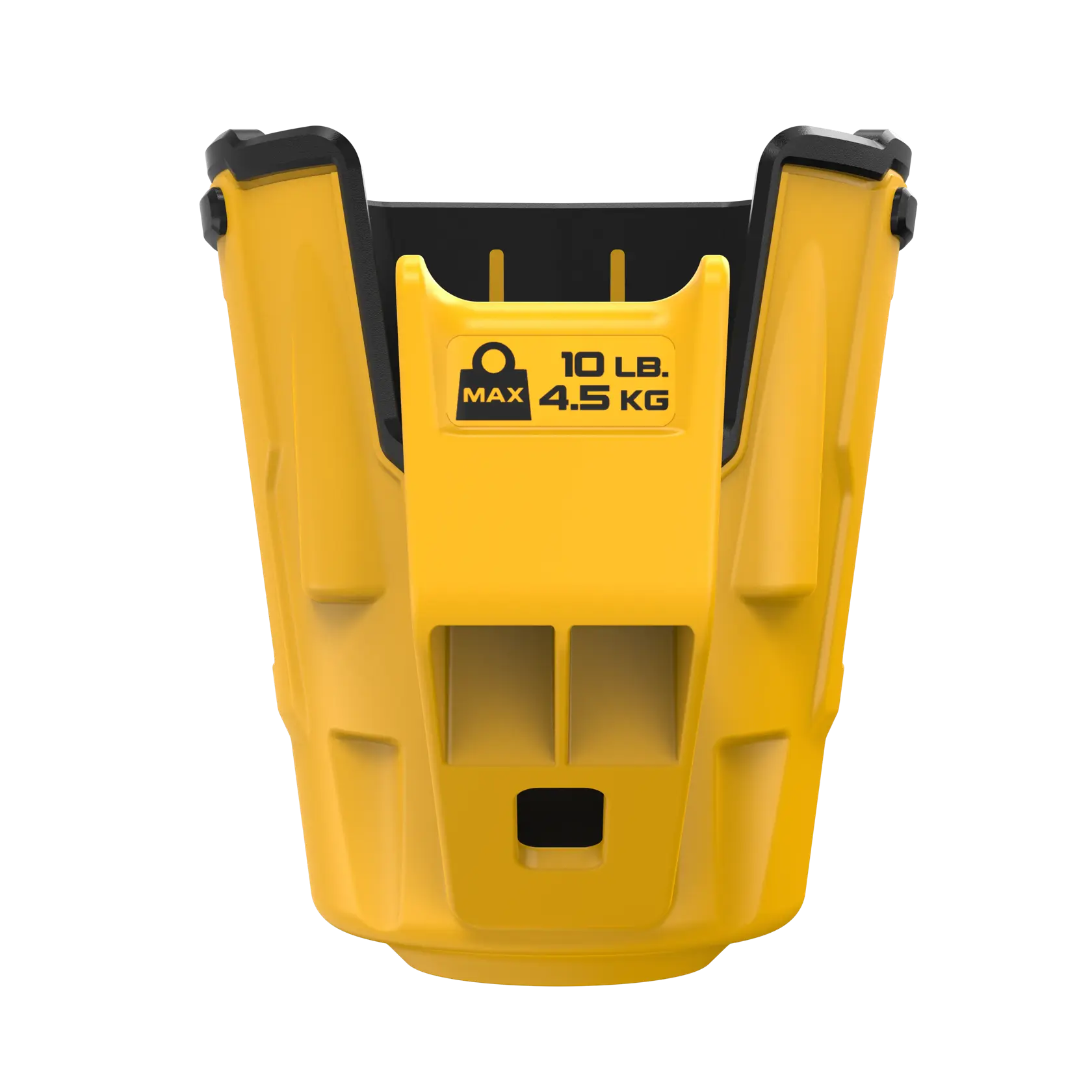 Gelbes DEWALT Eimerzubehör, max. Belastung 10 lb (4,5 kg), robustes Plastik, schwarze Details.