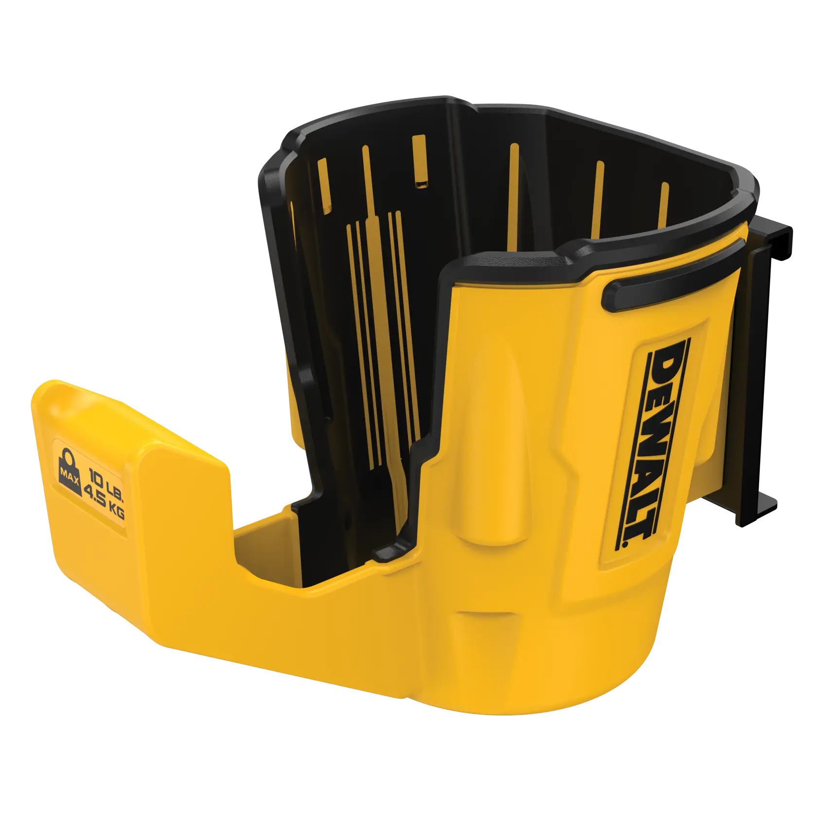 Gelber DEWALT Kunststoff-Werkzeughalter mit schwarzer Verstärkung, maximale Belastung 4,5 kg.