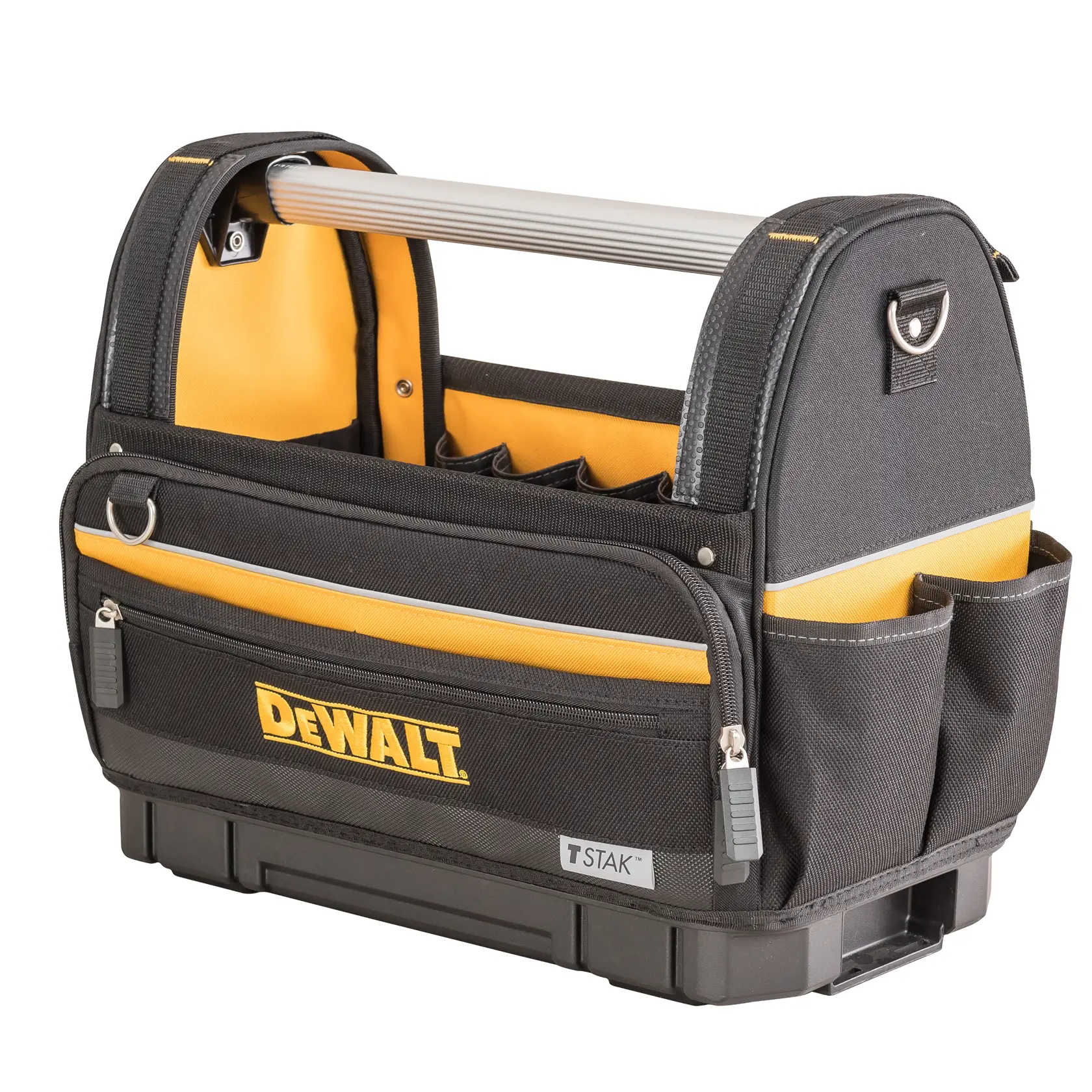 Black and yellow DEWALT tool bag with pockets, front zipper, and metal handle.