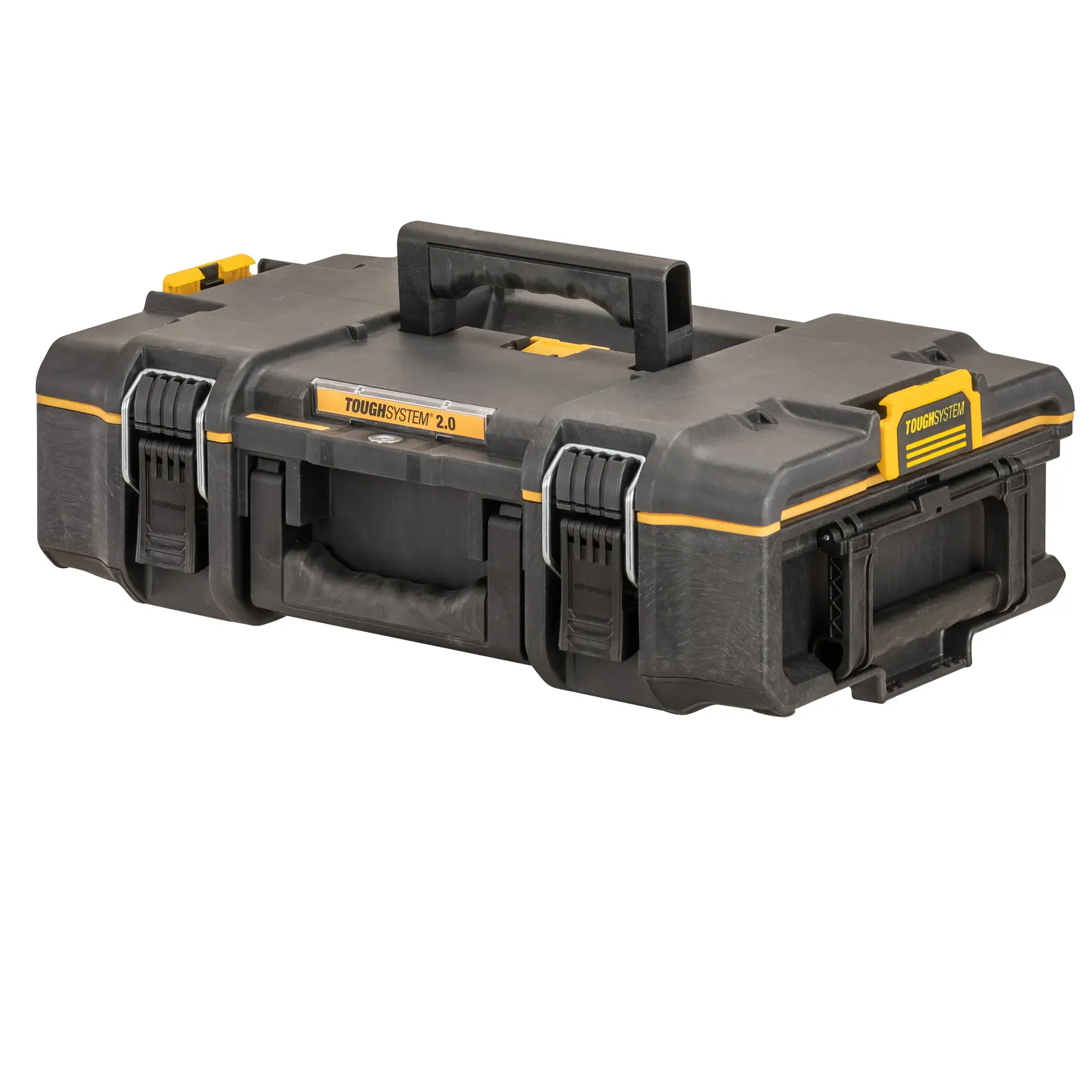 Black DEWALT ToughSystem 2.0 toolbox with handle and secure latches, suitable for storing tools and accessories.