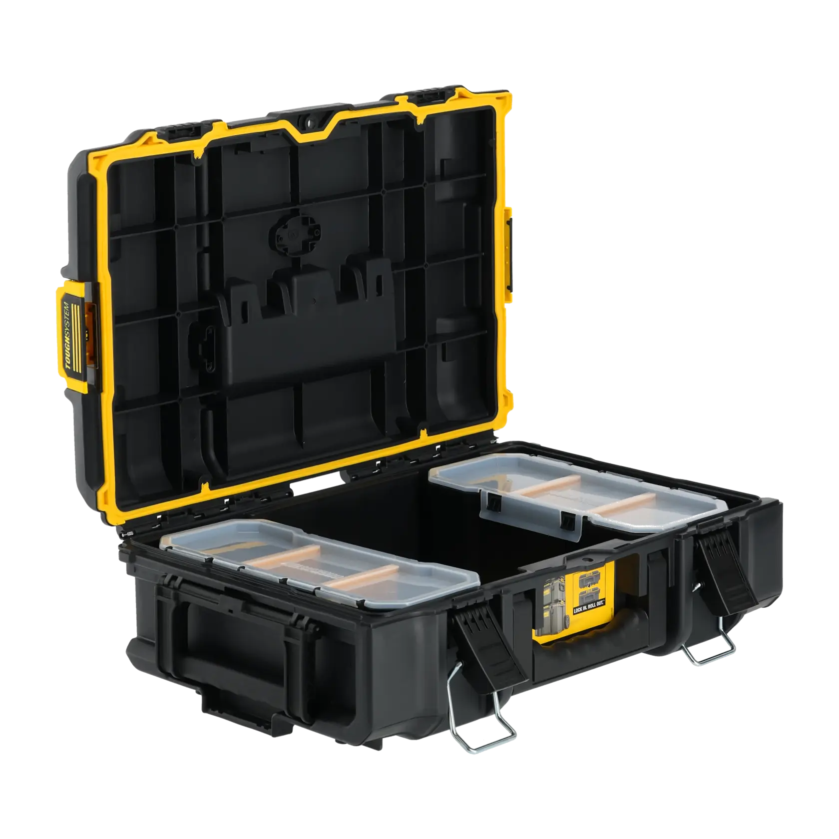 Graphique promotionnel DEWALT ToughSystem 2.0 avec le slogan 'Storage Built to Handle It' en grandes lettres jaunes sur un fond sombre texturé.