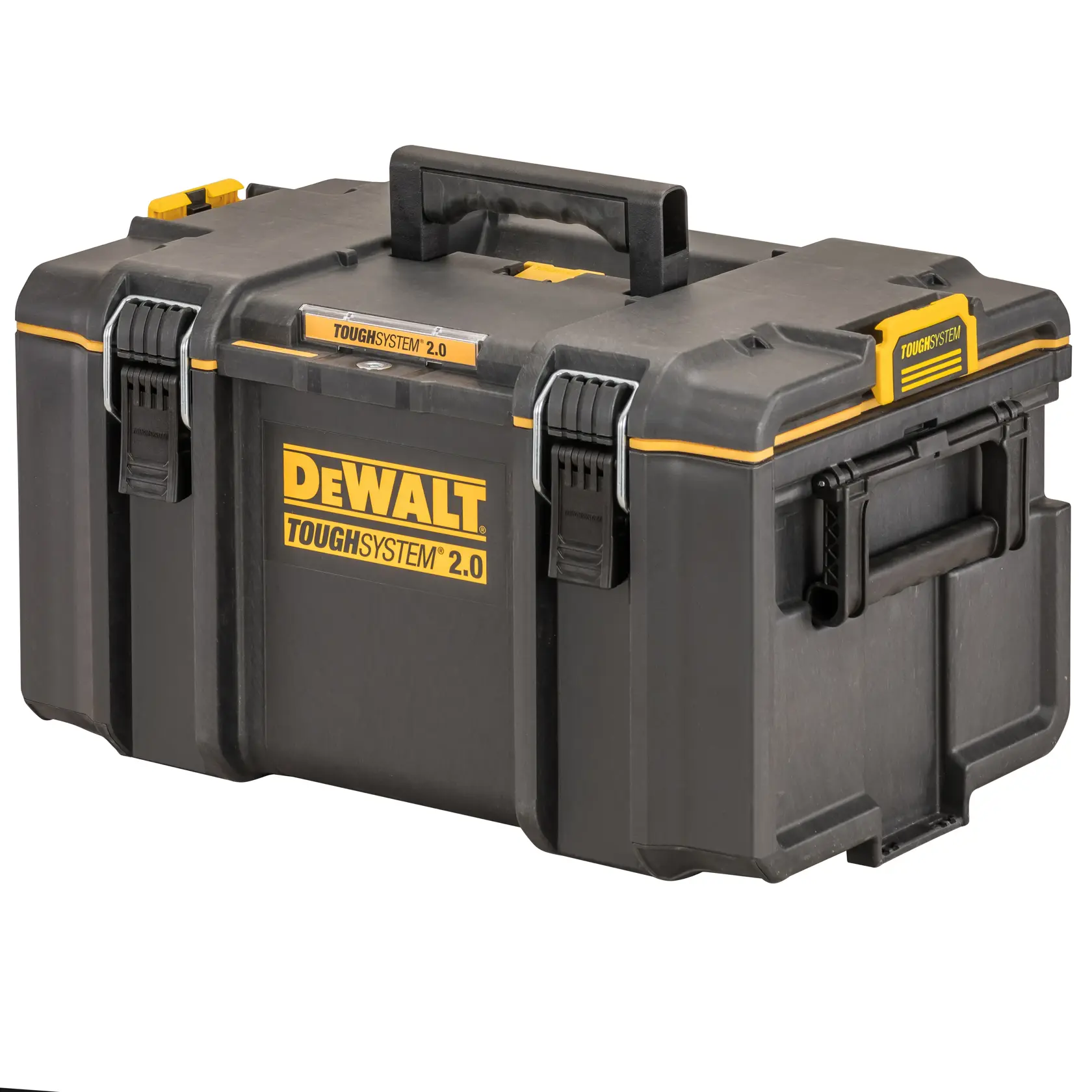 DEWALT ToughSystem 2.0 black and yellow tool box with sturdy handles and secure latches.