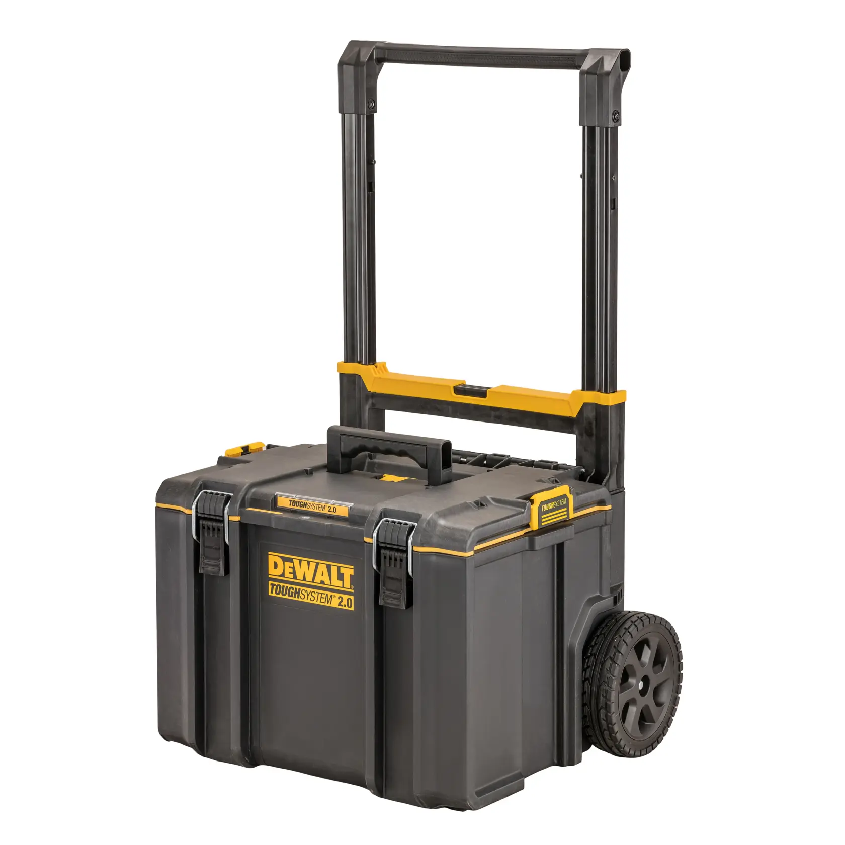 DEWALT ToughSystem 2.0 toolbox with wheels and handle, black with yellow accents, for tool storage and transport.