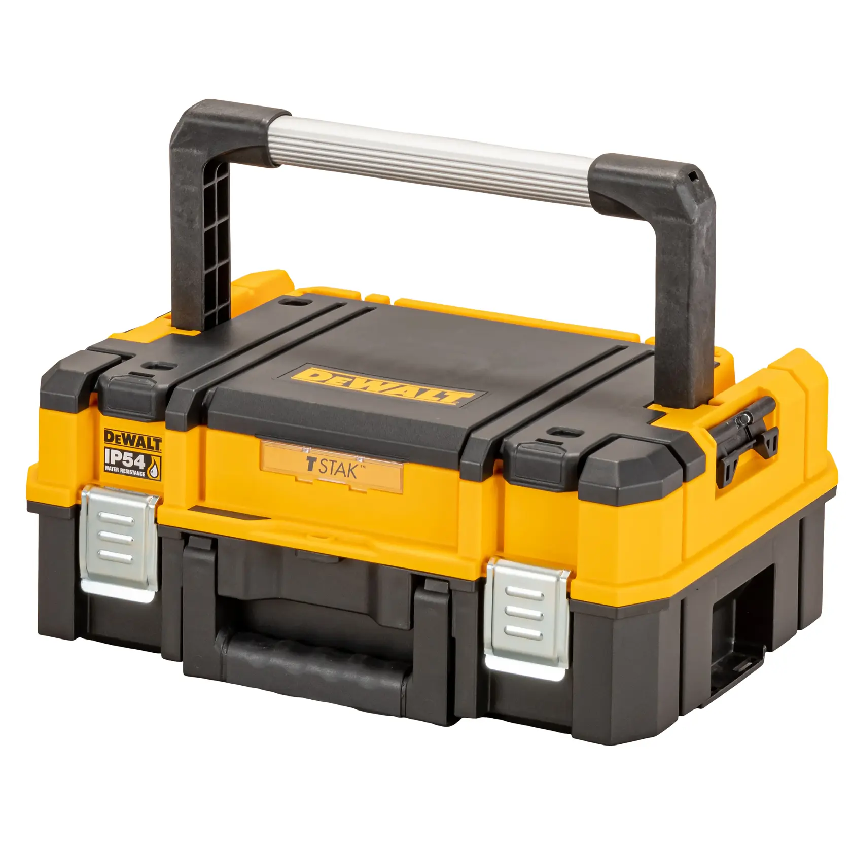 Caja de herramientas DEWALT DWST83344-1 amarilla y negra con asa resistente y cierres, para almacenamiento.