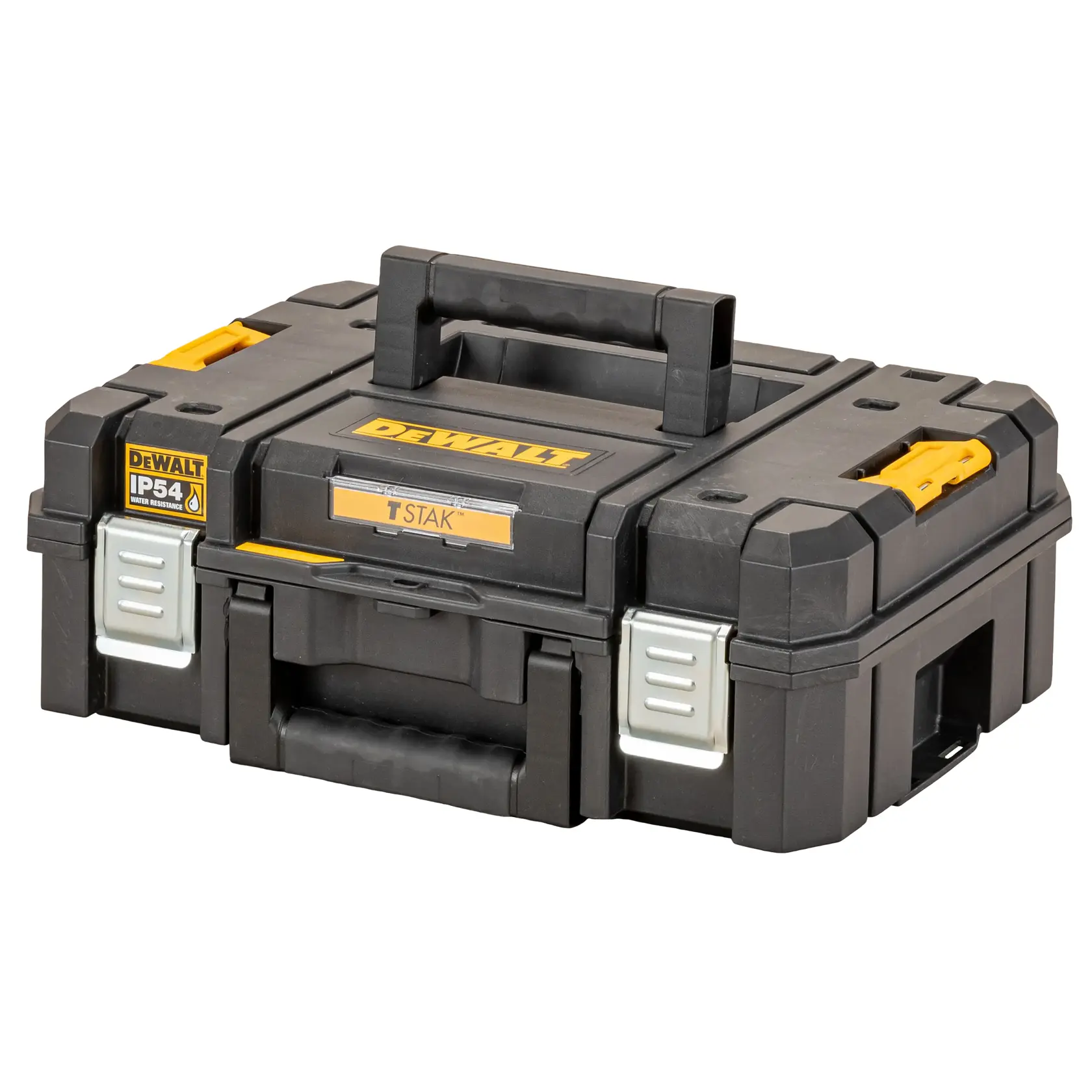 Black DEWALT TSTAK toolbox with handles and yellow accents, shown closed on a white background.