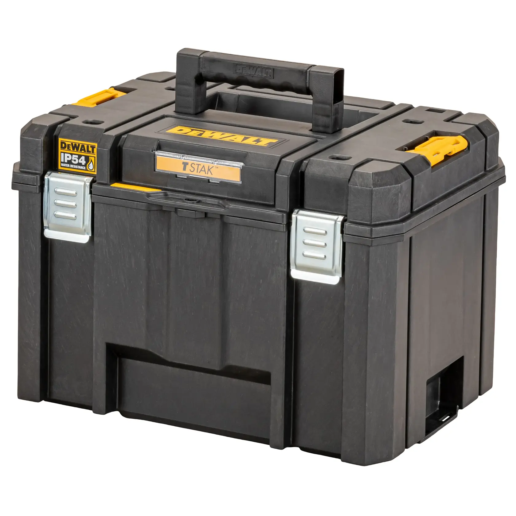 Black DEWALT TSTAK storage box with yellow accents, sturdy handle, and IP54 water resistance label.