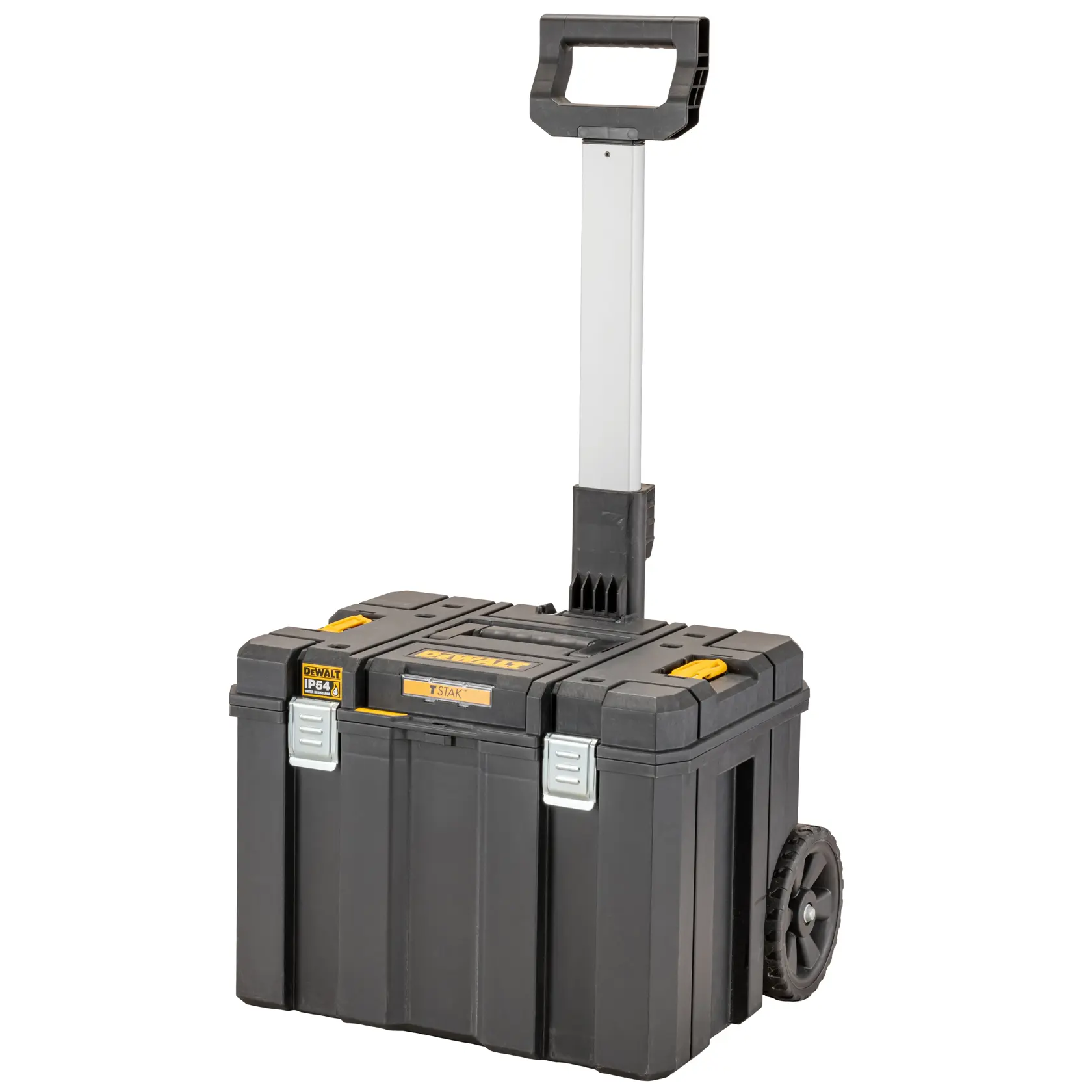 Black DEWALT wheeled tool box with handle, robust design, suitable for storage and transport of tools.