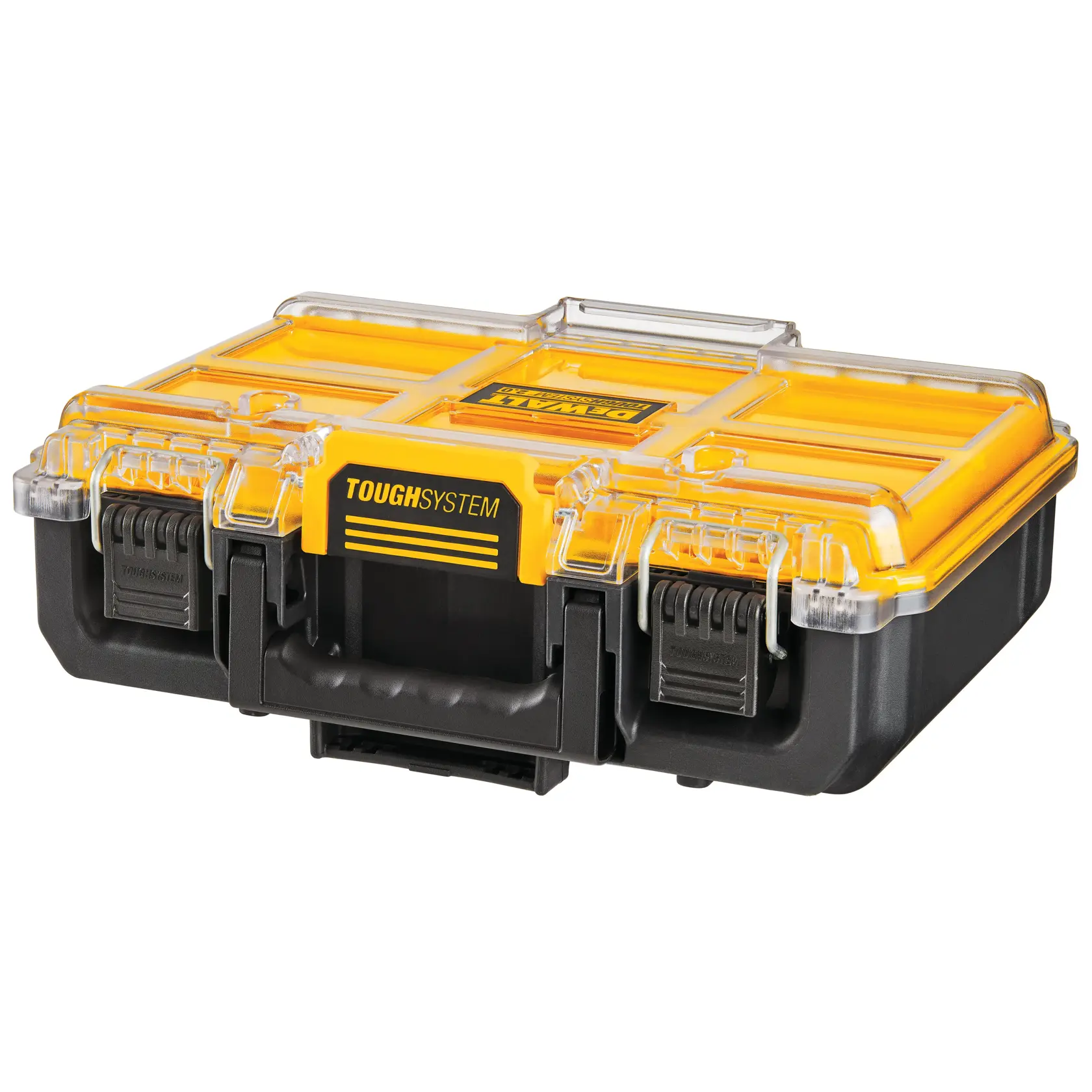 DEWALT ToughSystem 2.0 Werbegrafik mit dem Slogan 'Storage Built to Handle It' in großen, gelben Buchstaben auf einem dunklen, strukturierten Hintergrund.