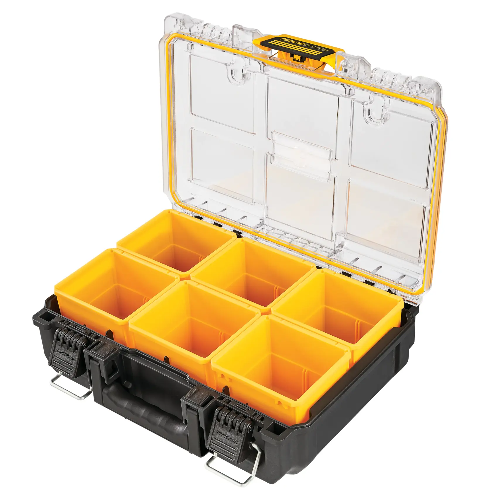 Graphique promotionnel DEWALT ToughSystem 2.0 avec le slogan 'Storage Built to Handle It' en grandes lettres jaunes sur un fond sombre texturé.