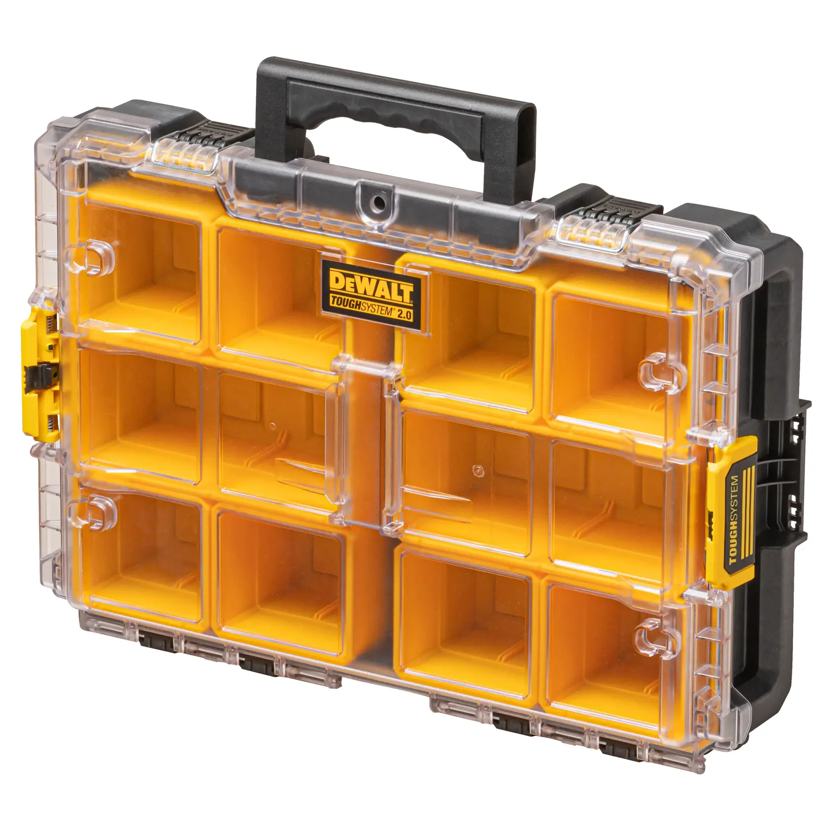 DEWALT ToughSystem 2.0 organizer with clear lid, yellow compartments, and black handle for tool storage.