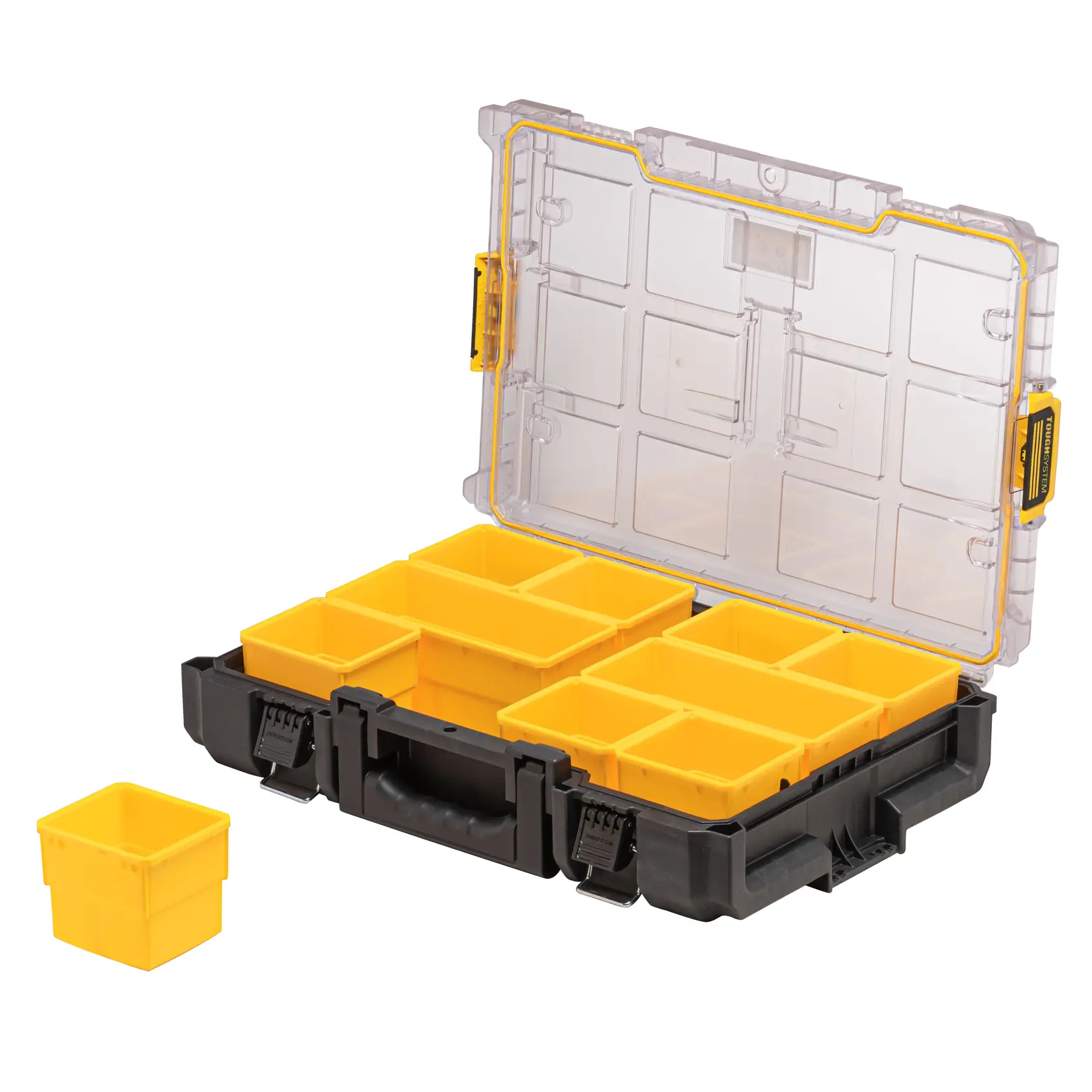 Graphique promotionnel DEWALT ToughSystem 2.0 avec le slogan 'Storage Built to Handle It' en grandes lettres jaunes sur un fond sombre texturé.