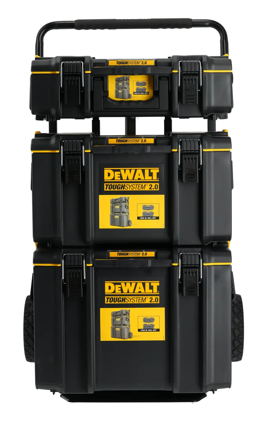 DEWALT ToughSystem 2.0 promotional graphic with the slogan 'Storage Built to Handle It' in large, bold yellow lettering on a dark, textured background.