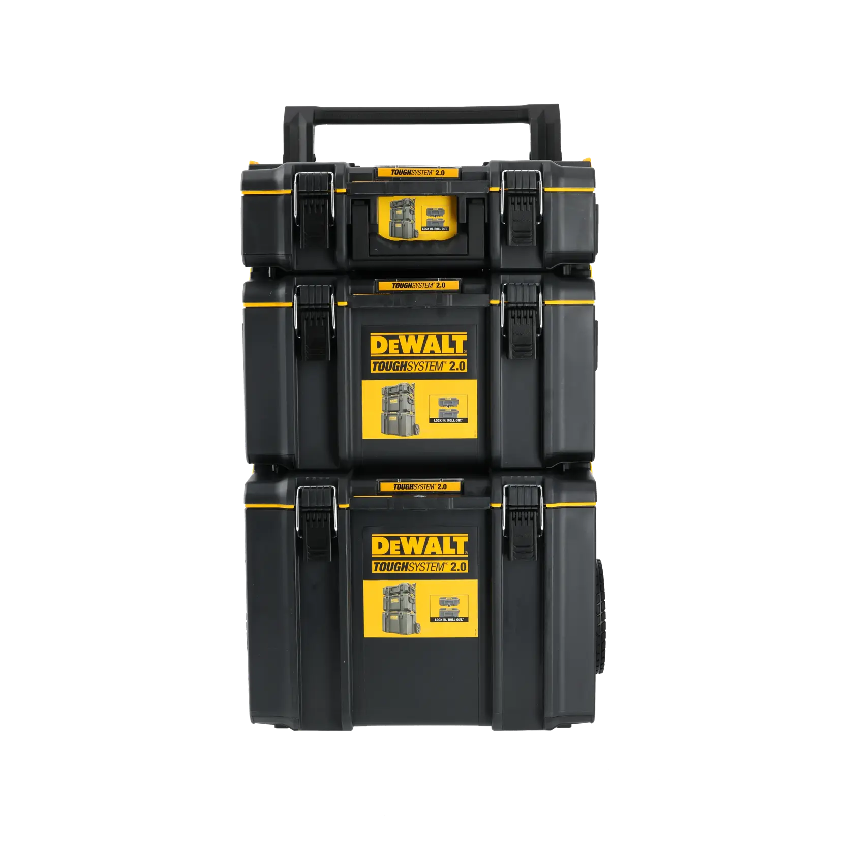 Stacked DEWALT ToughSystem 2.0 tool storage boxes with black and yellow labels, front view.