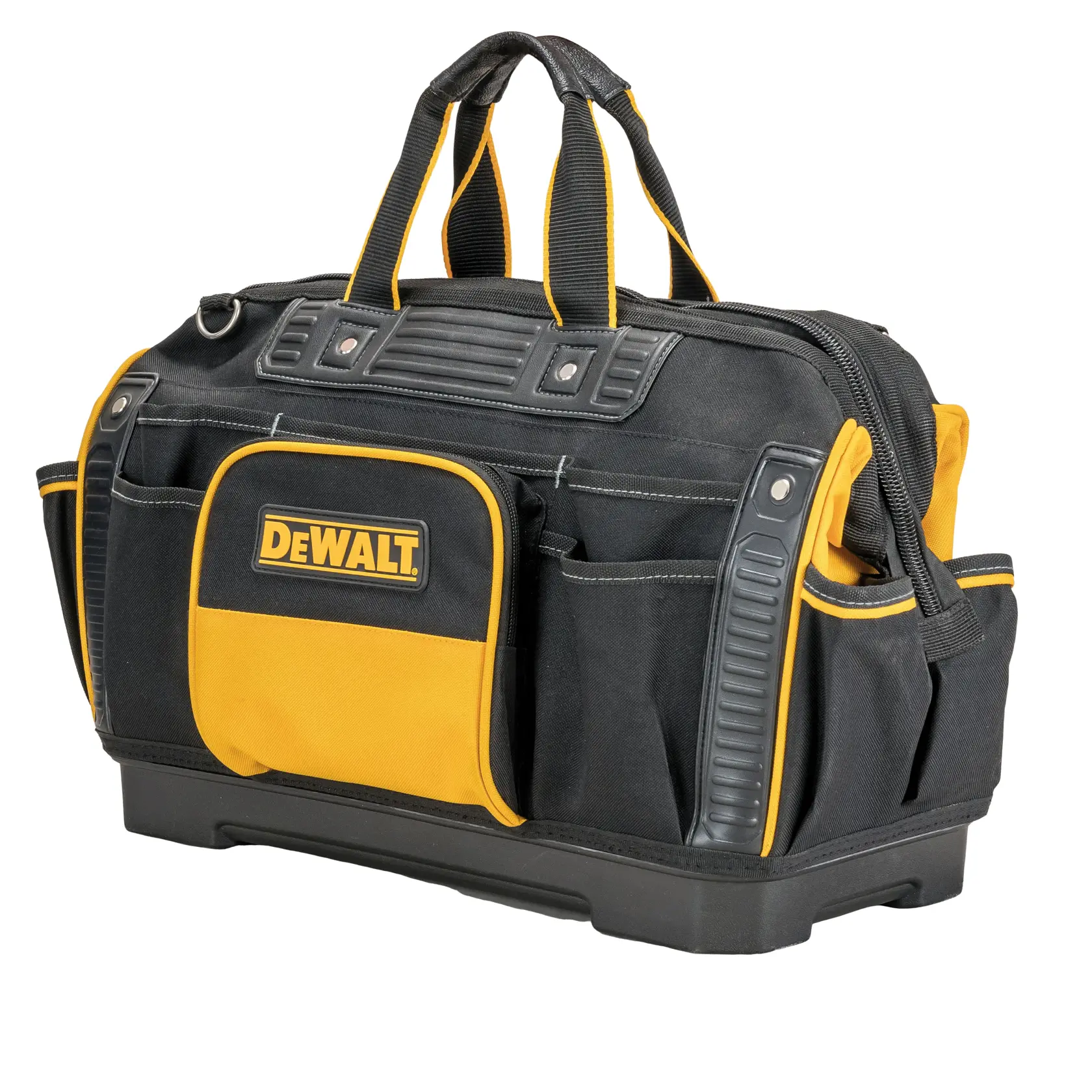 DEWALT black and yellow tool bag with multiple pockets and handles, suitable for carrying tools and accessories.