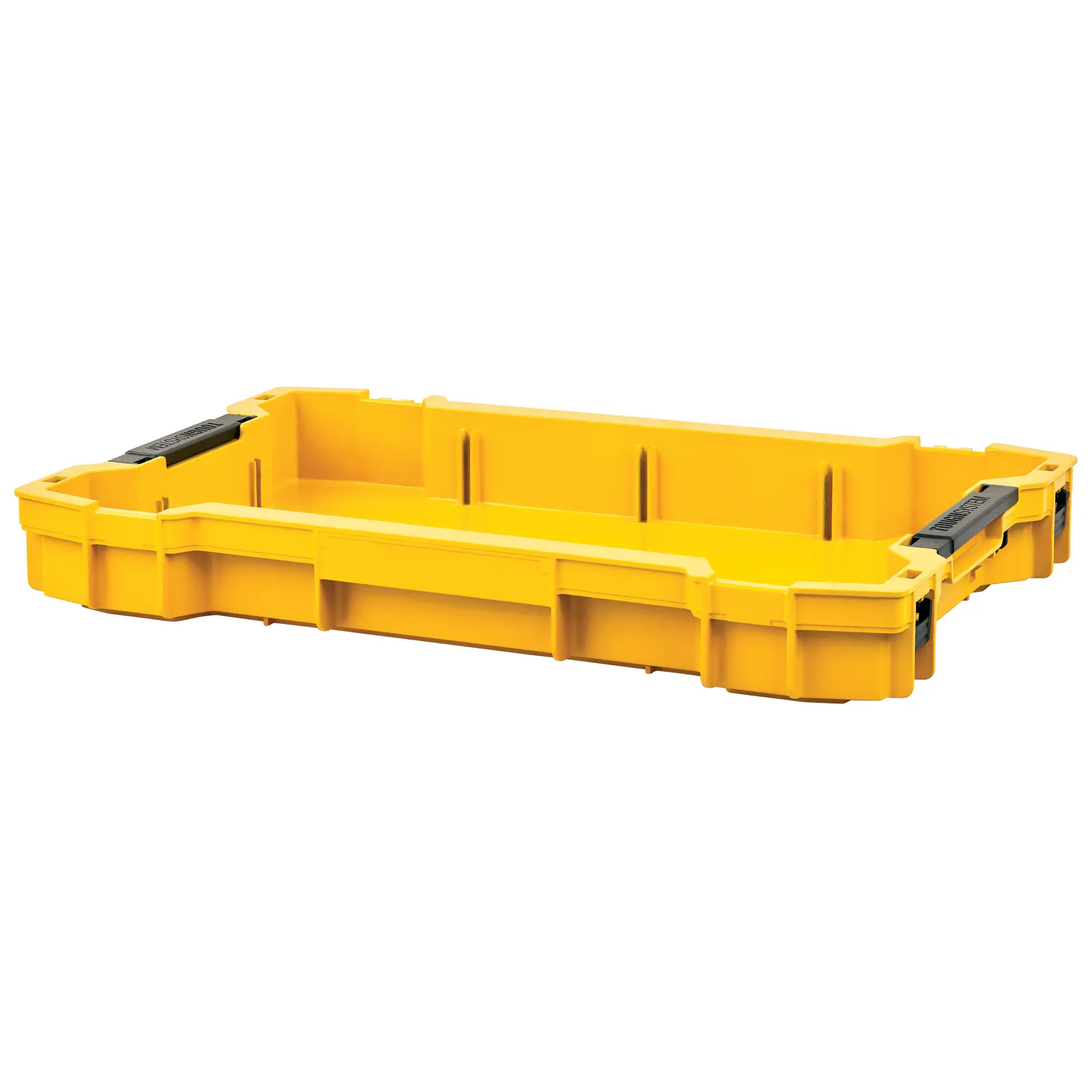 Yellow DEWALT shallow tool tray with black handles, shown empty on a white background.