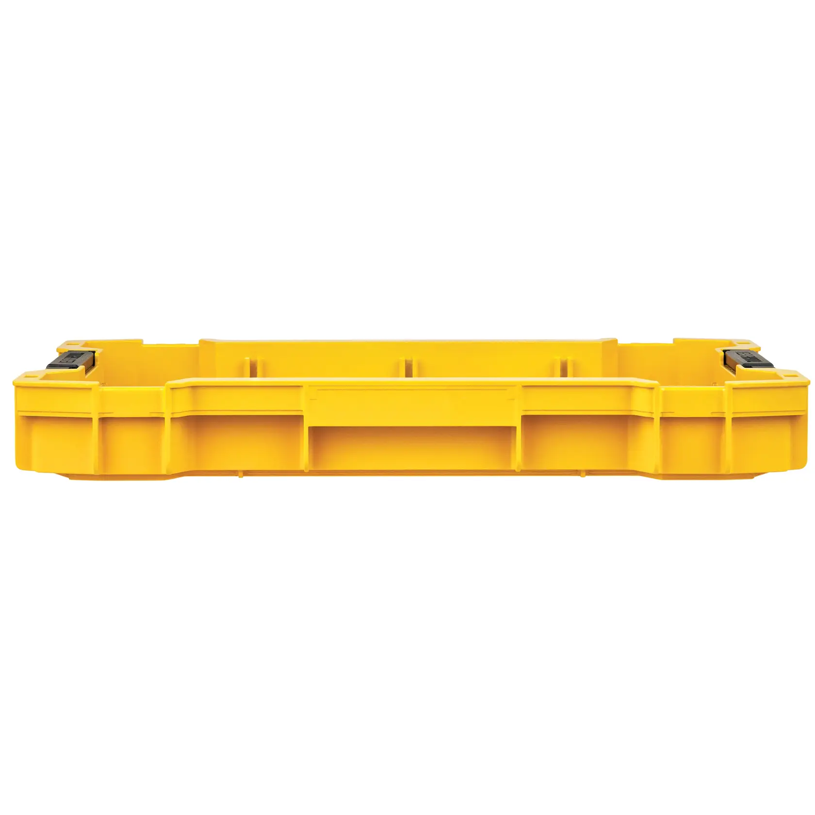 Graphique promotionnel DEWALT ToughSystem 2.0 avec le slogan 'Storage Built to Handle It' en grandes lettres jaunes sur un fond sombre texturé.