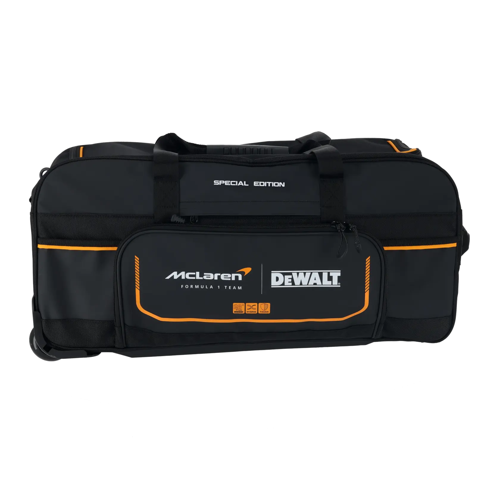 Black DEWALT special edition tool bag with McLaren branding, orange accents, carrying handles, and front zipper pocket.