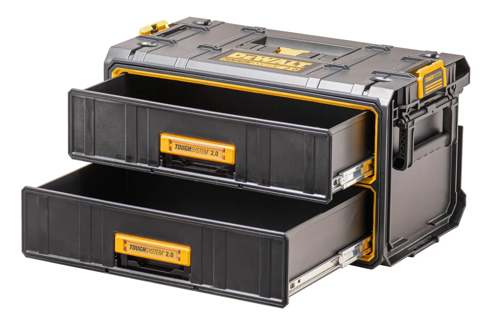 DEWALT photography drawer box, DWST83529-1 and DWST83529 SKUs, black and yellow, two pull-out drawers.