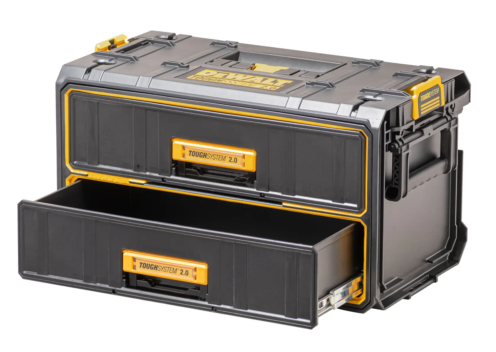 DEWALT ToughSystem 2.0 promotional graphic with the slogan 'Storage Built to Handle It' in large, bold yellow lettering on a dark, textured background.