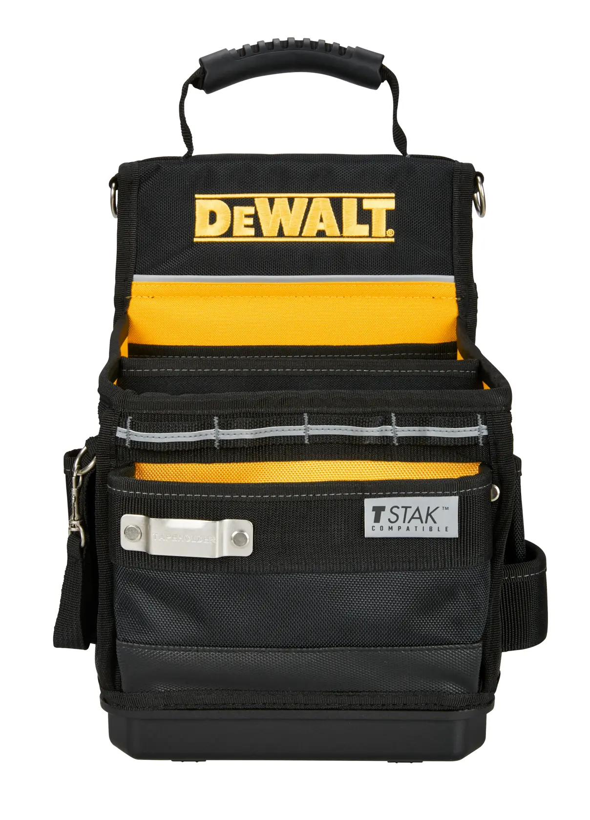 A DEWALT branded black and yellow tool bag with a top handle, multiple compartments, and a 'T STAK Compatible' label on the front.