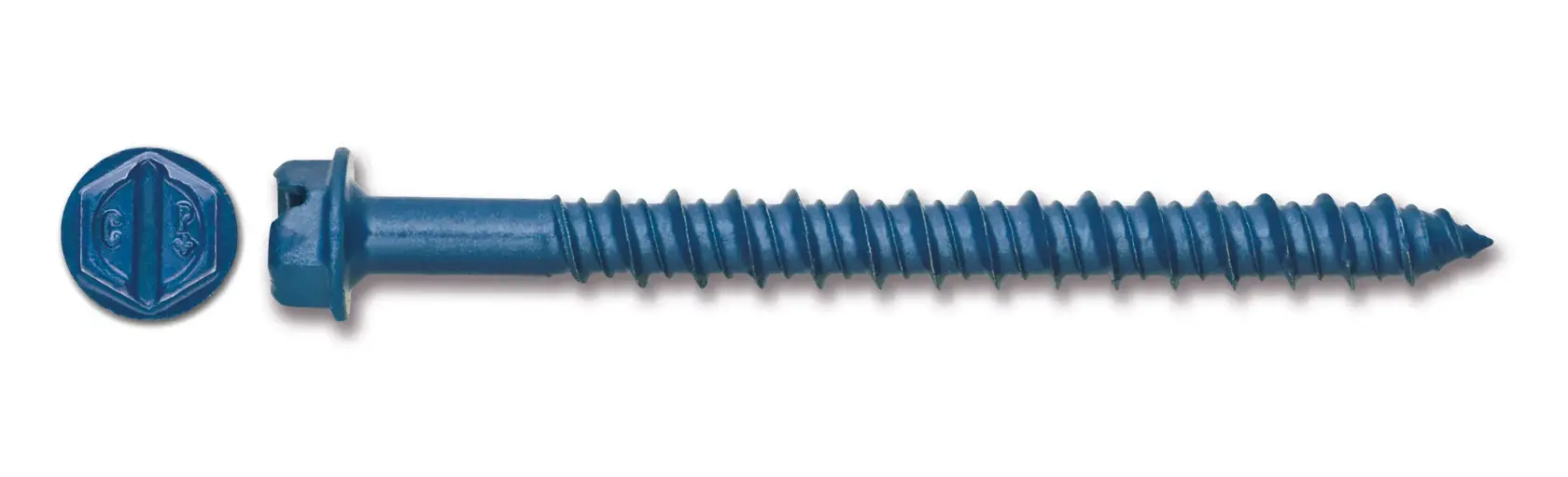 Blue metal screw with hexagonal head shown from side and top view on white background.