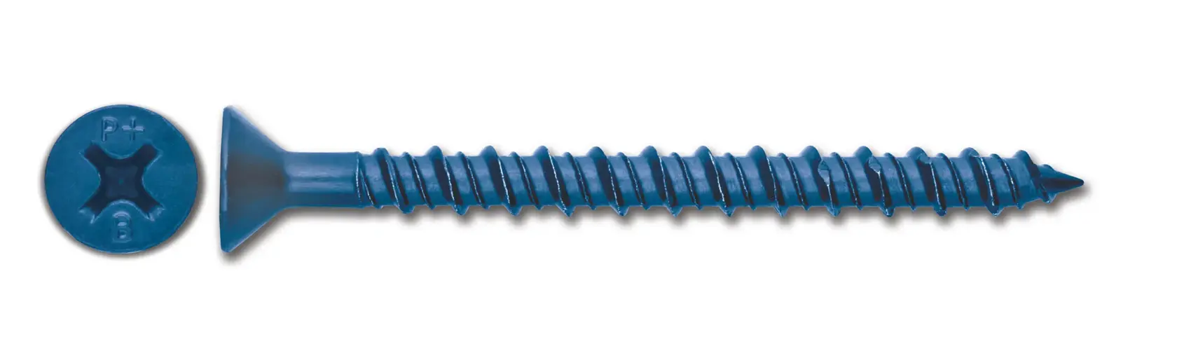 Blue DEWALT screw with flat head and cross drive, shown in profile and head view on white background.