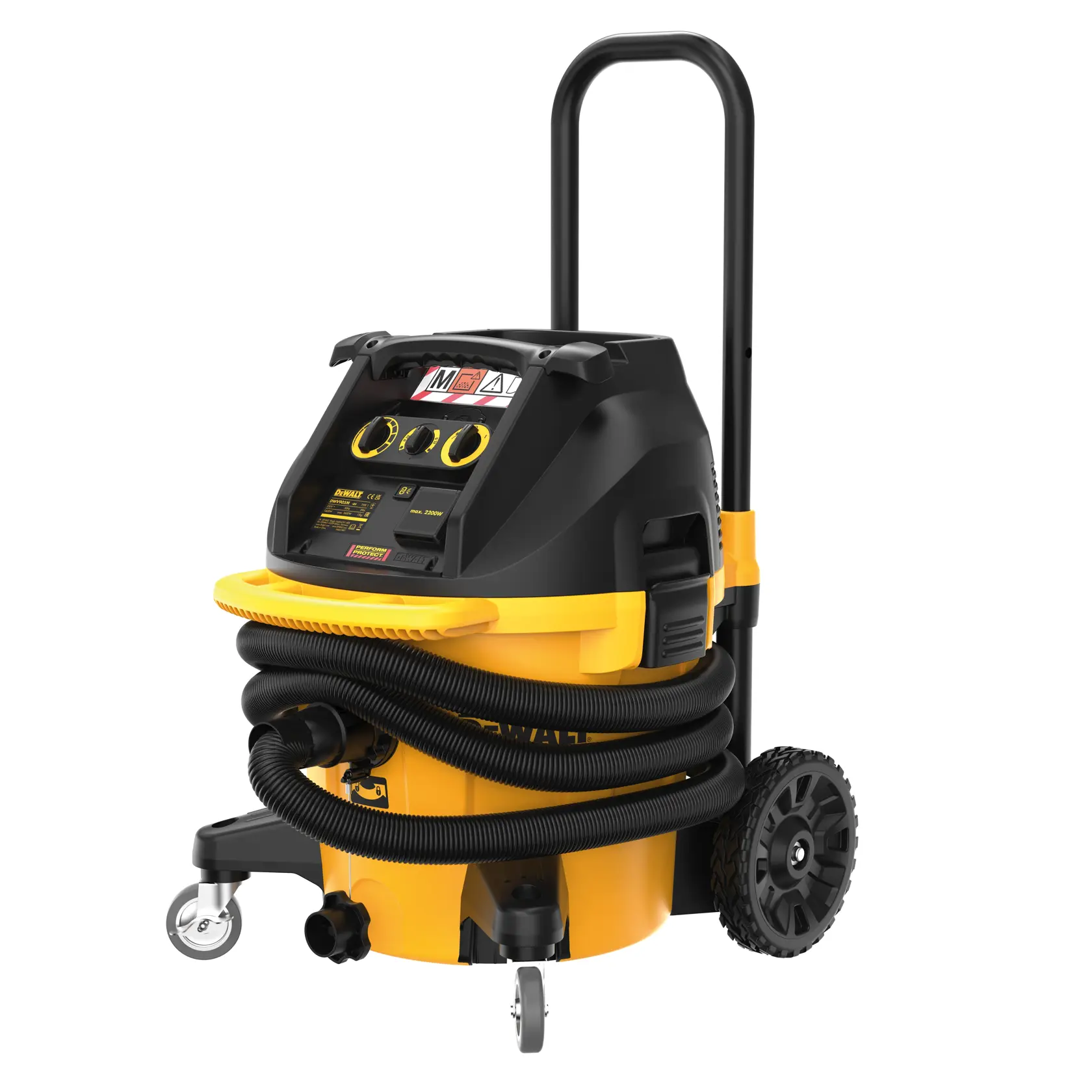 A DEWALT DWV905M industrial wet and dry vacuum cleaner featuring a yellow and black design, two large rear wheels, two small front caster wheels, a carrying handle, and a hose wrapped around the body.