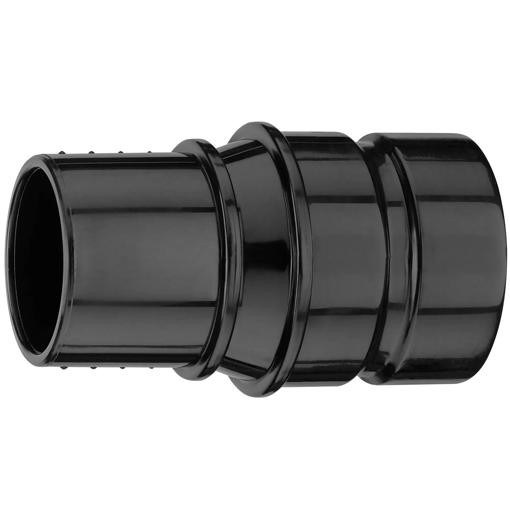 A black plastic connector adapter, typically used for joining hoses or tubes, shown against a white background.