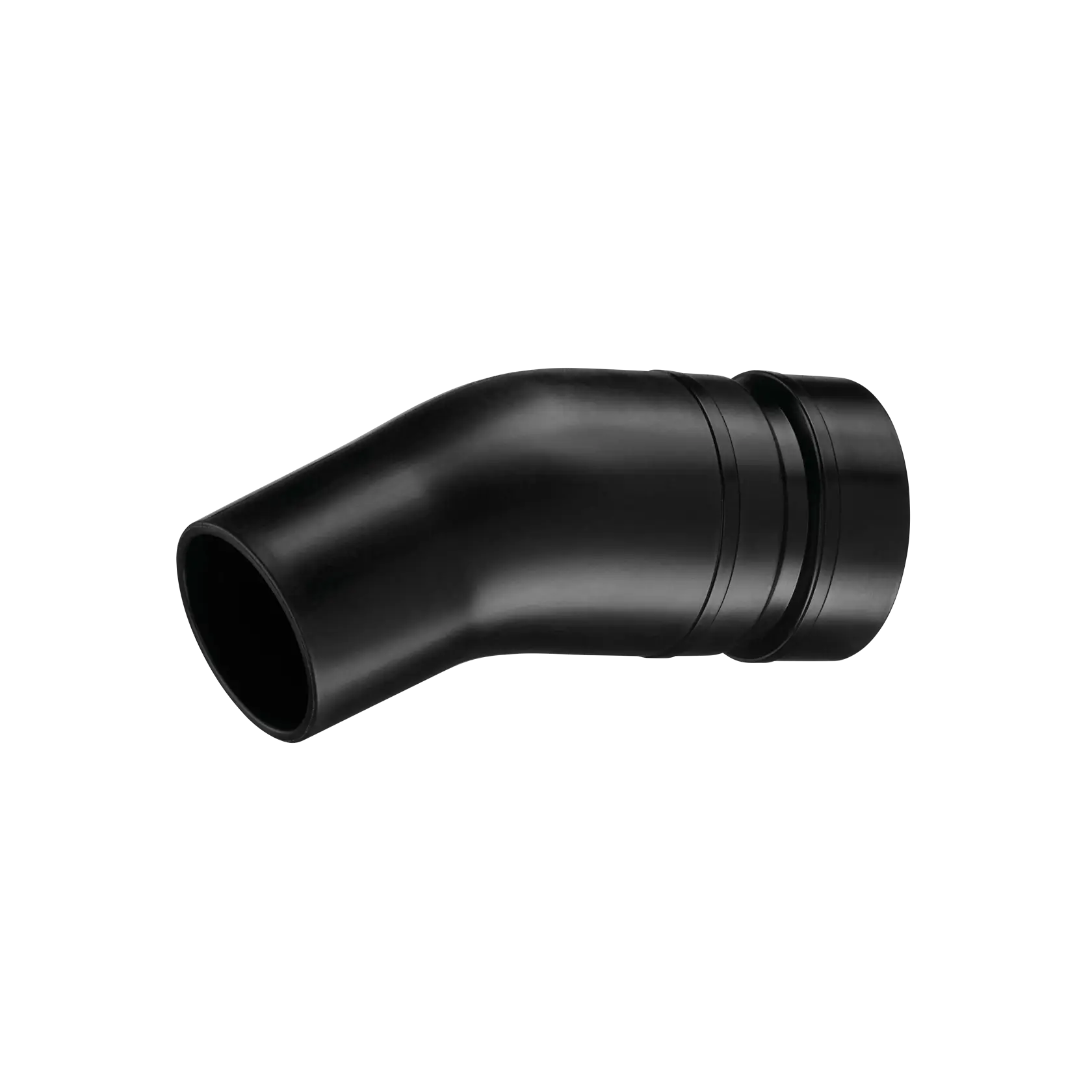 A black plastic angled pipe adapter, photographed on a white background.