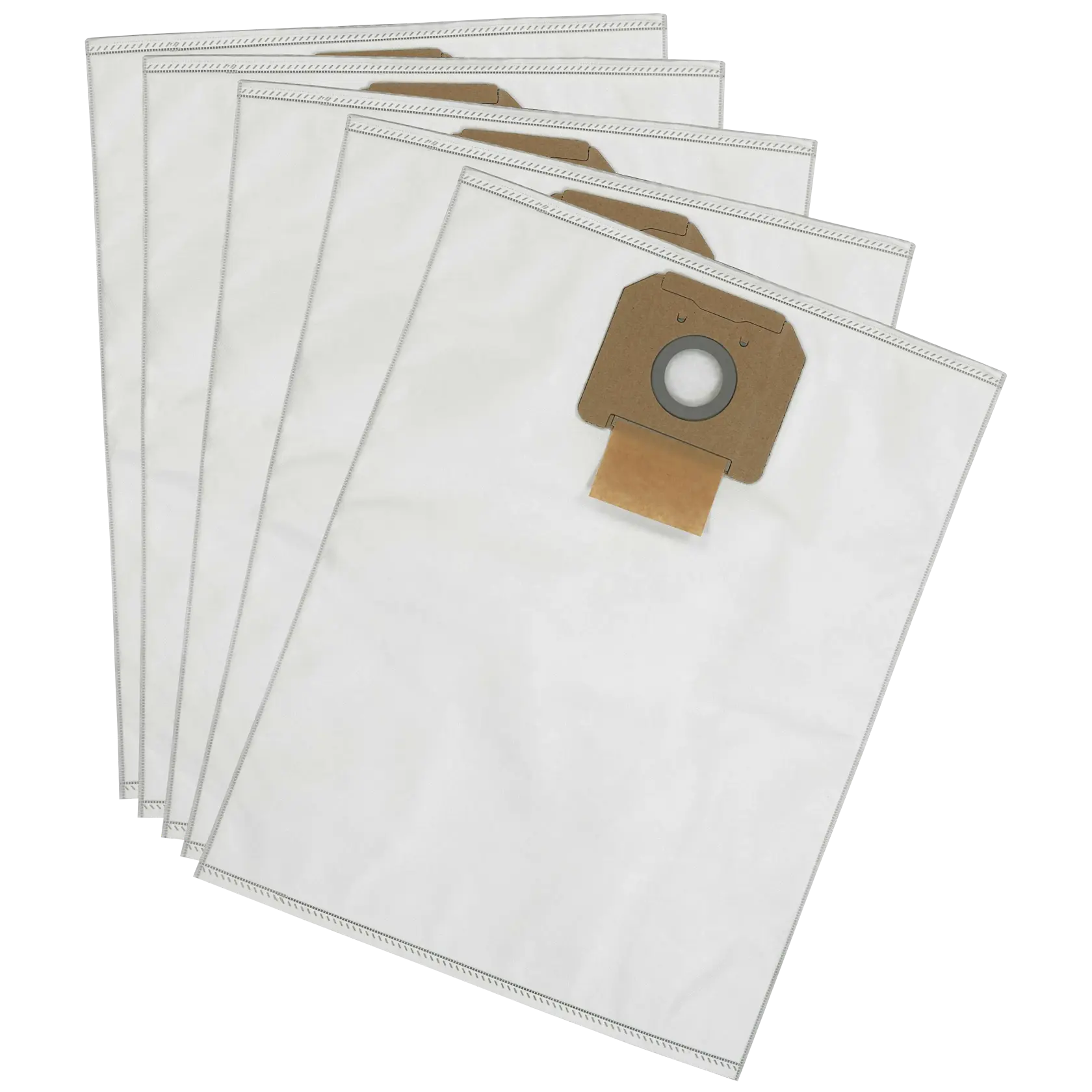 Set of five DEWALT replacement dust bags for vacuum cleaners, shown overlapping and made of white material.